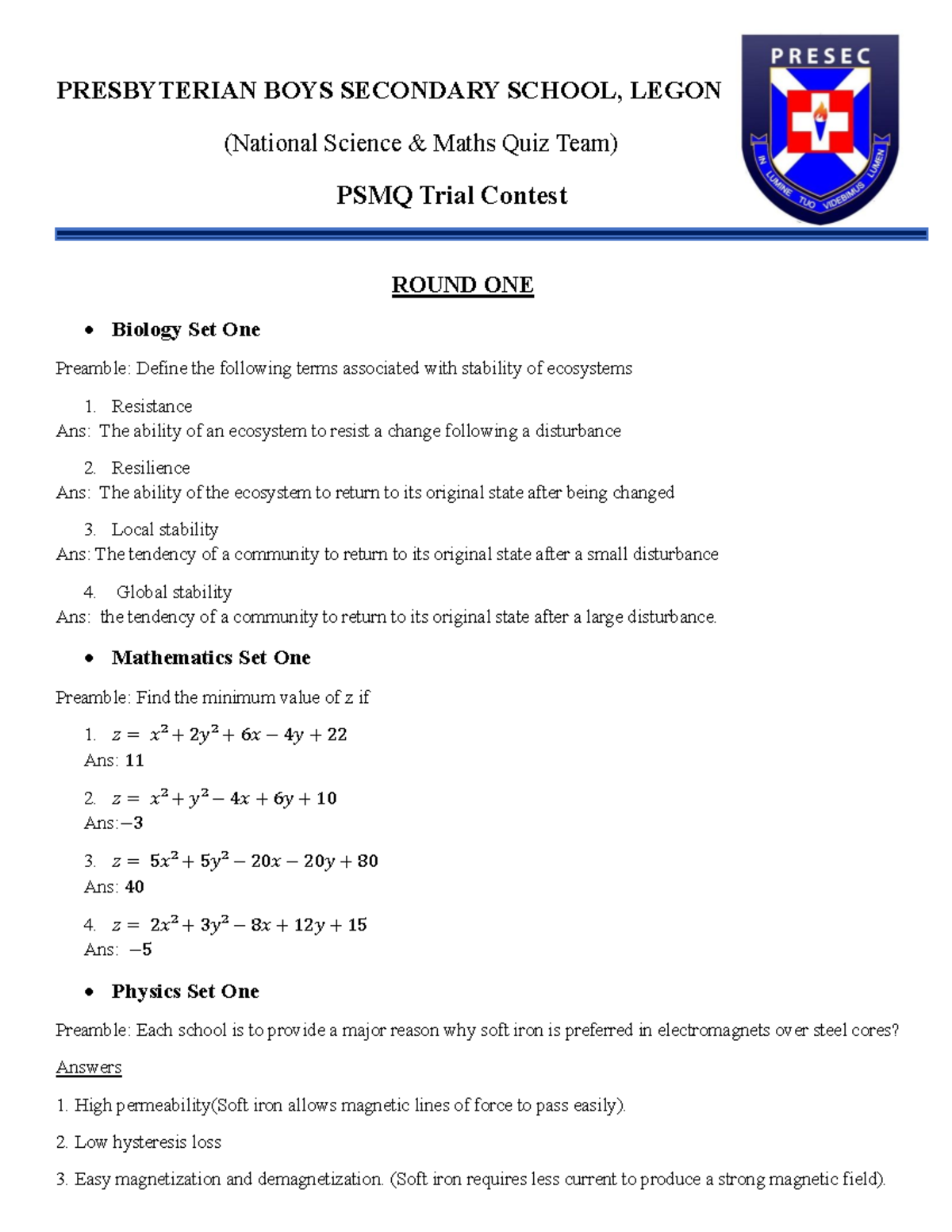 PSMQ Trial Contest Round One: Biology, Math, Physics, Chemistry - Studocu