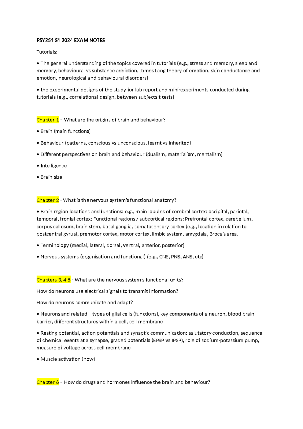 PSY251 S1 2024 Final Exam Study Notes on Brain and Behavior - Studocu