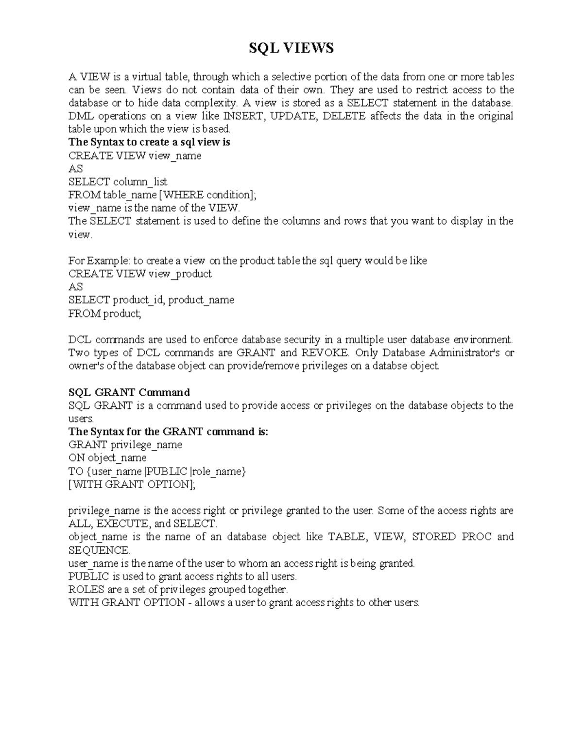 SQL VIEWS & DCL Commands: Essential Notes for Database Management - Studocu