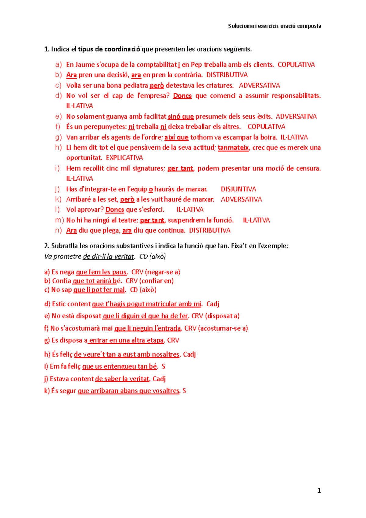 Solucionari exercicis oració composta - Indica el tipus de coordinació ...