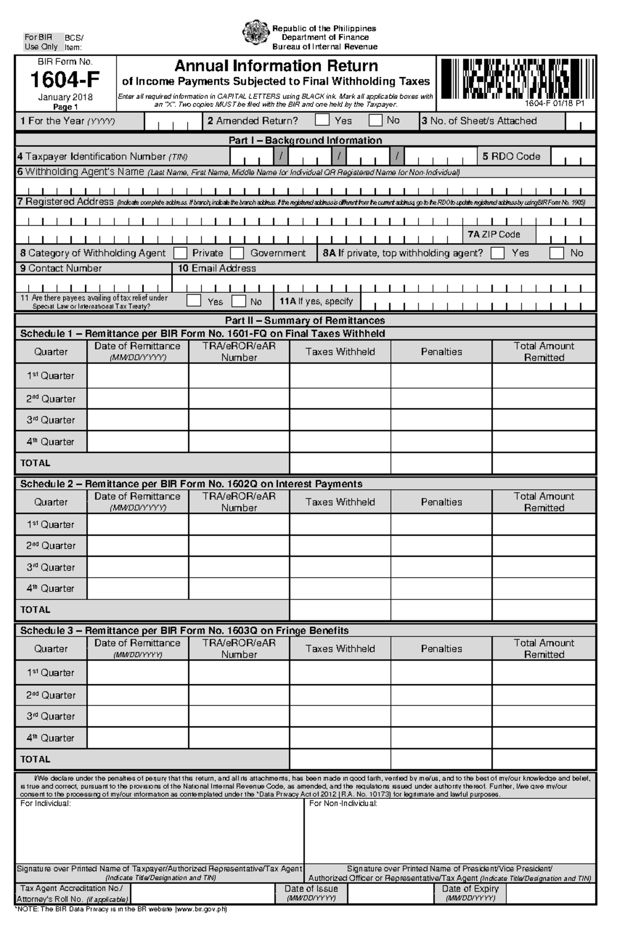 BIR Form 1604-F Annual Info Return of Income Payments - Jan 2018 - Studocu