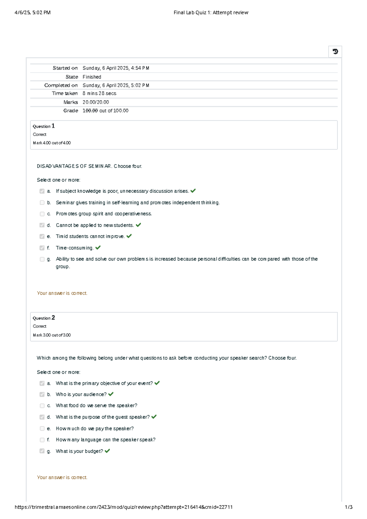 Final Lab Quiz 1 Attempt Review - April 2025 - Studocu