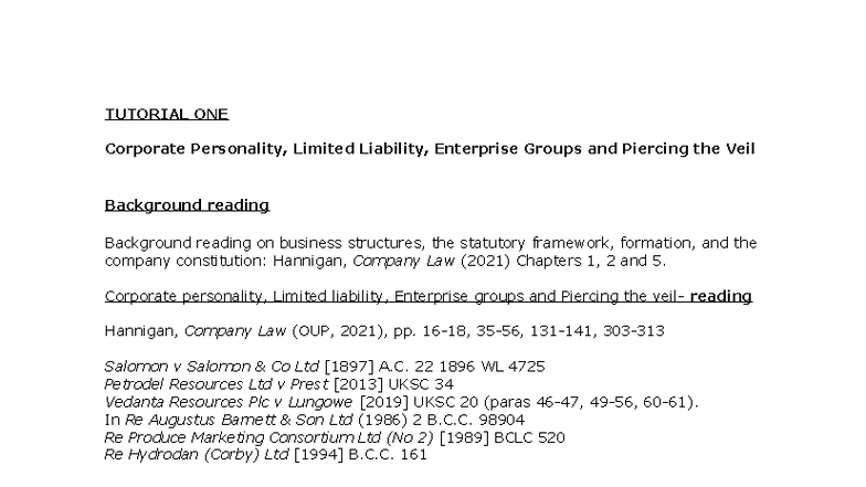 Tutorial 1: Corporate Personality & Limited Liability Analysis - Studocu