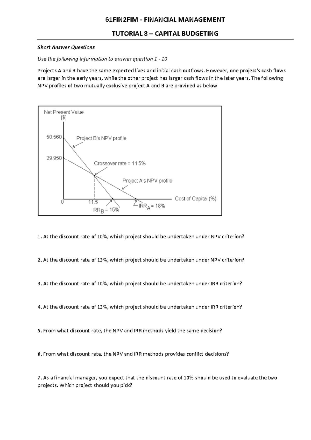 FMA 61FIN2FIM Tutorial 8: Capital Budgeting NPV and IRR Analysis - Studocu