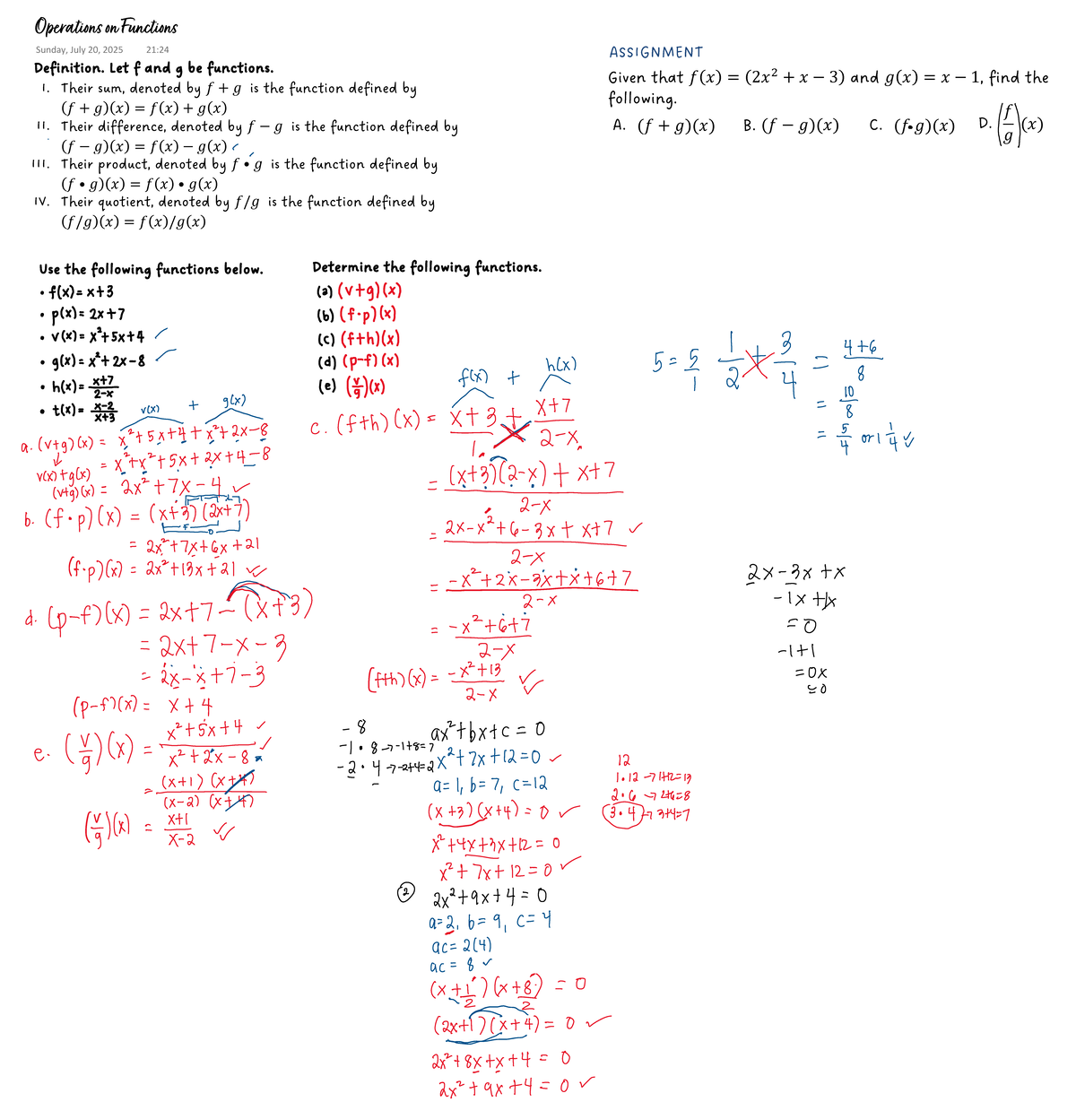 Operations on Functions: Assignment on f and g (Math 101) - Studocu
