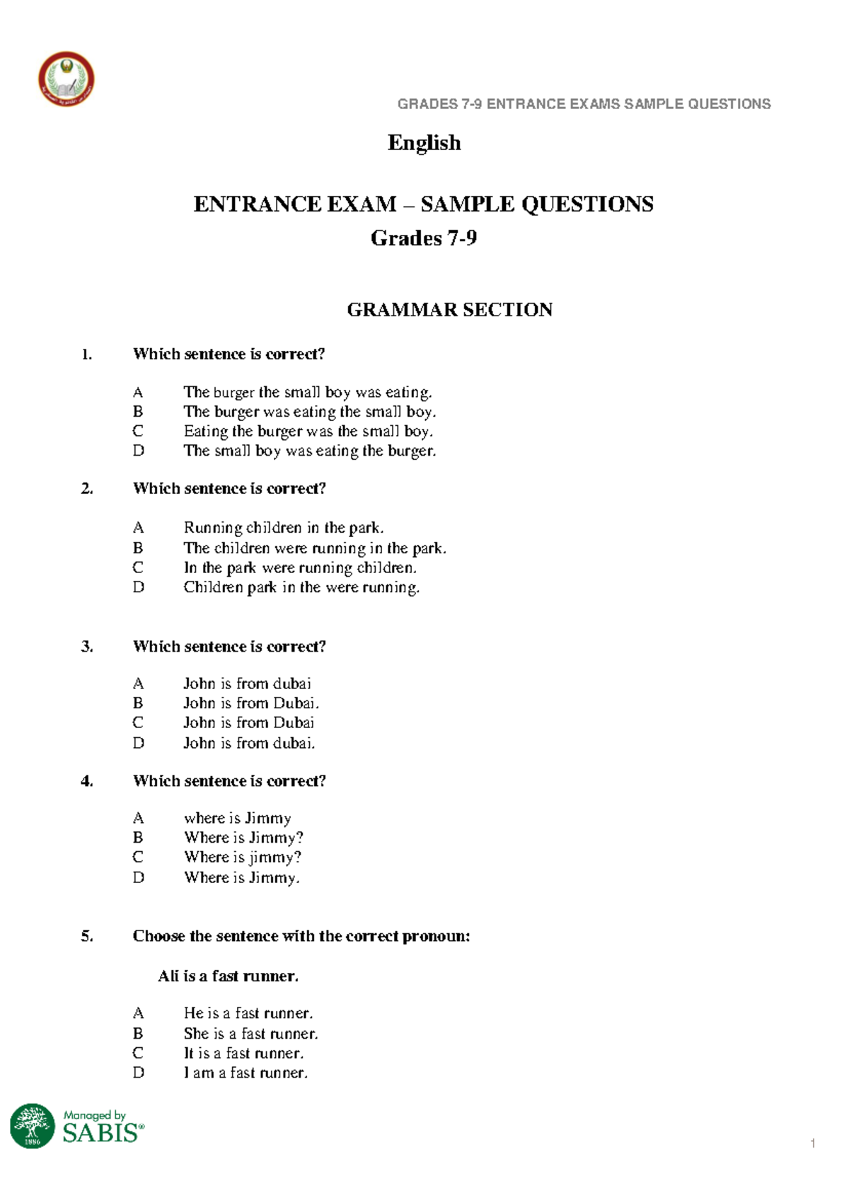 English Grades 7-9 Entrance Exam: Sample Questions and Answers - Studocu