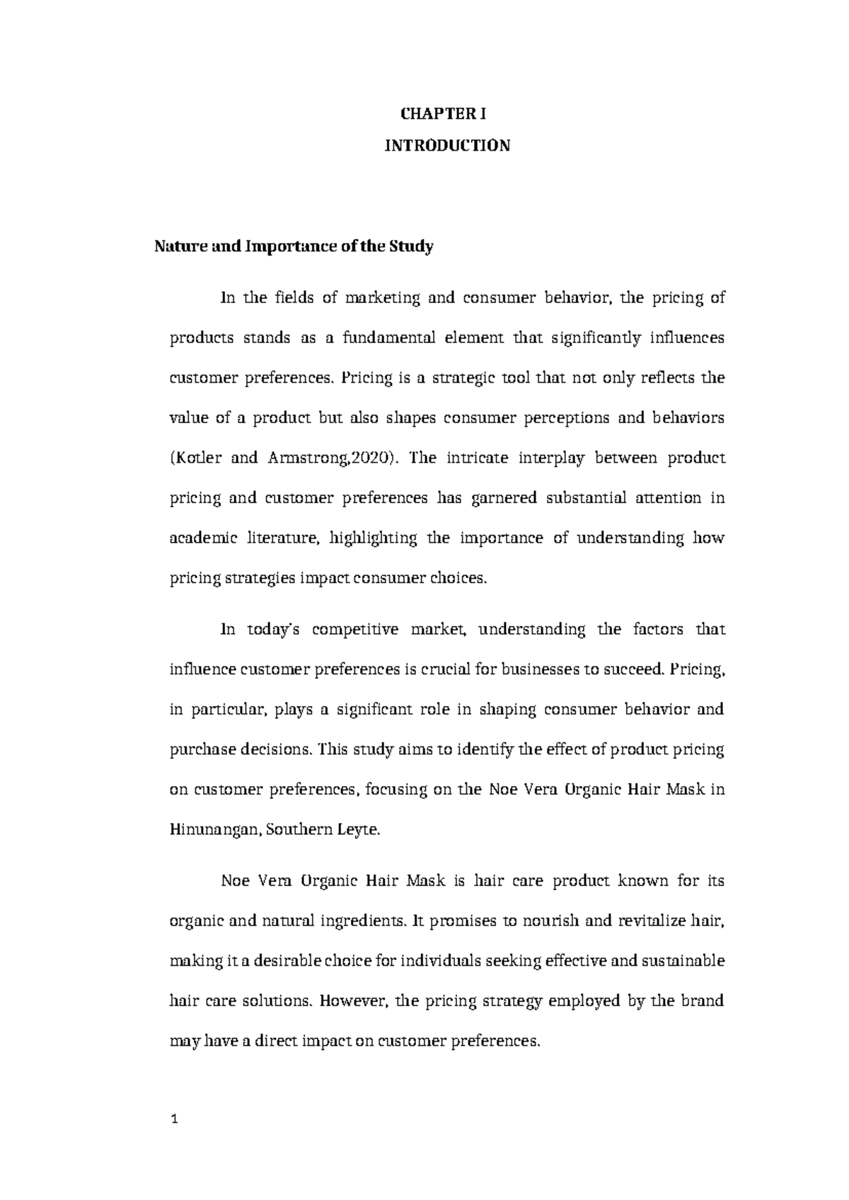 CHAPTER I: INTRODUCTION - Impact of Pricing on Customer Preferences for ...