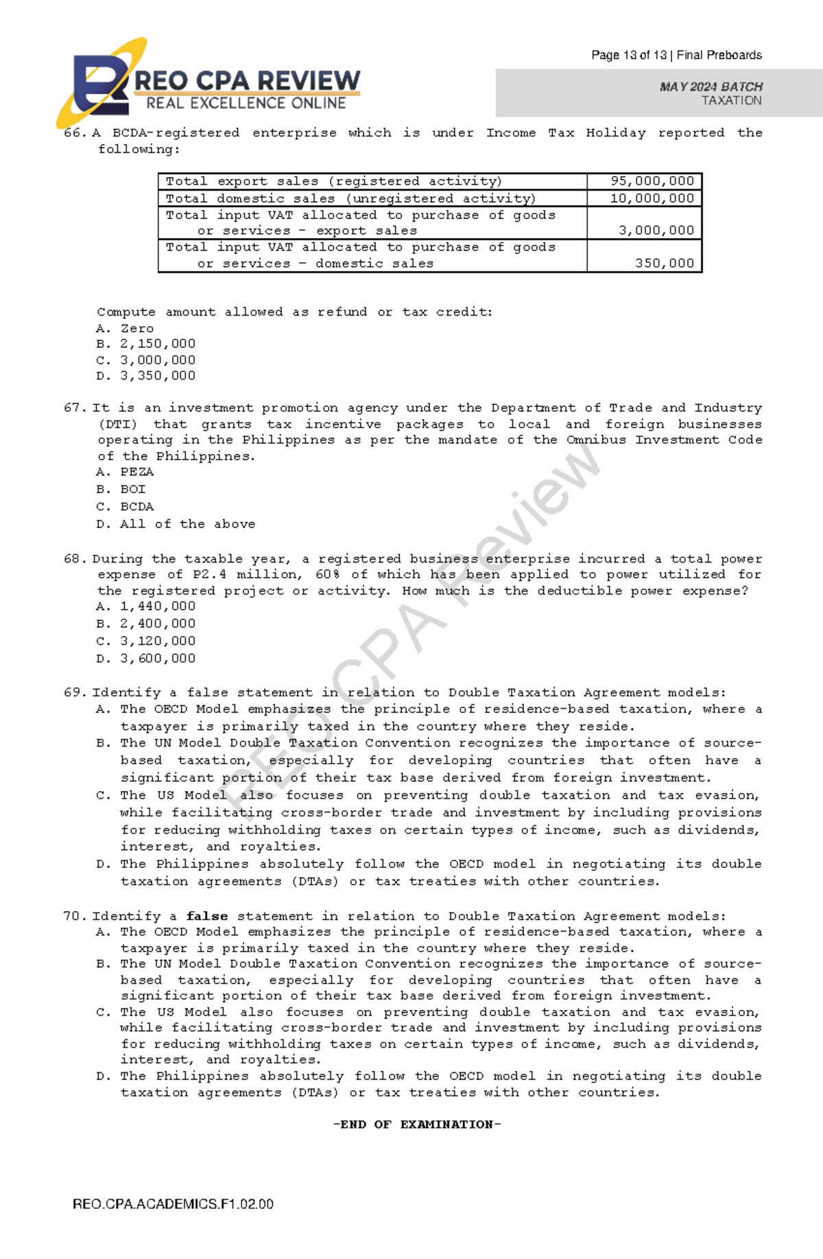 REO 07 TAX Final Preboards MAY 2024 BATCH - Page 13 Analysis - Studocu
