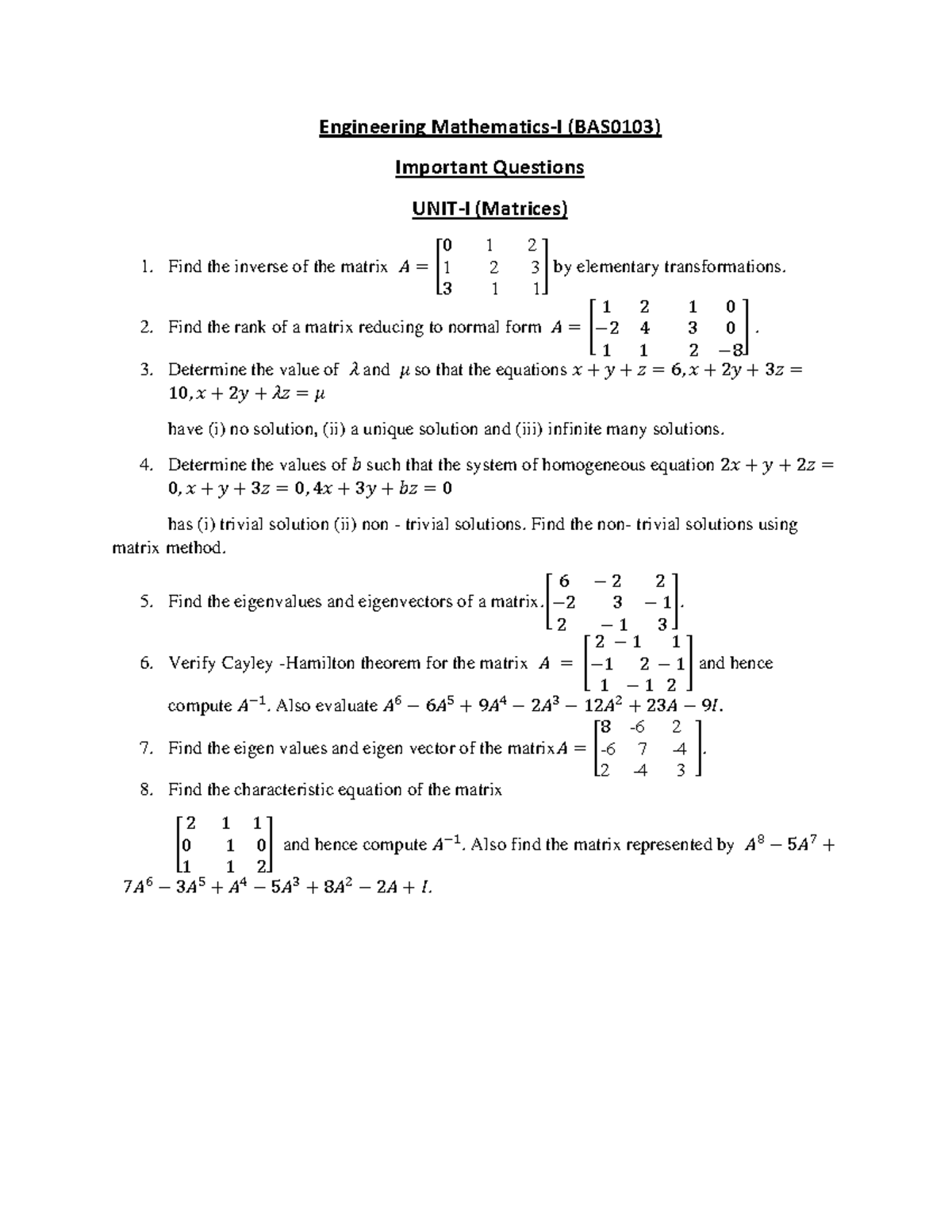 Important Questions for Engineering Mathematics-I (BAS0103) Unit-1 ...