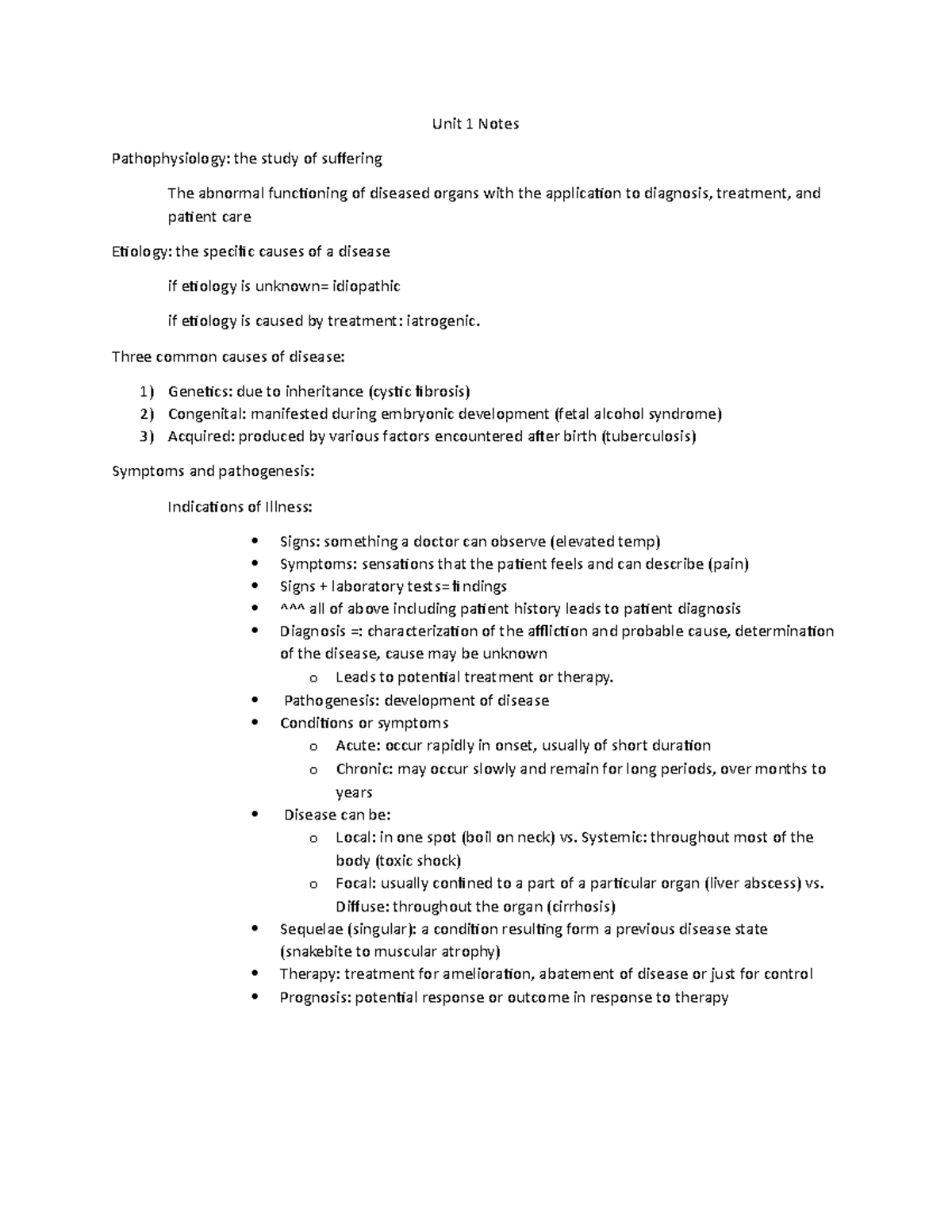 Unit 1 Pathophysiology Notes - Steve Werman - Studocu