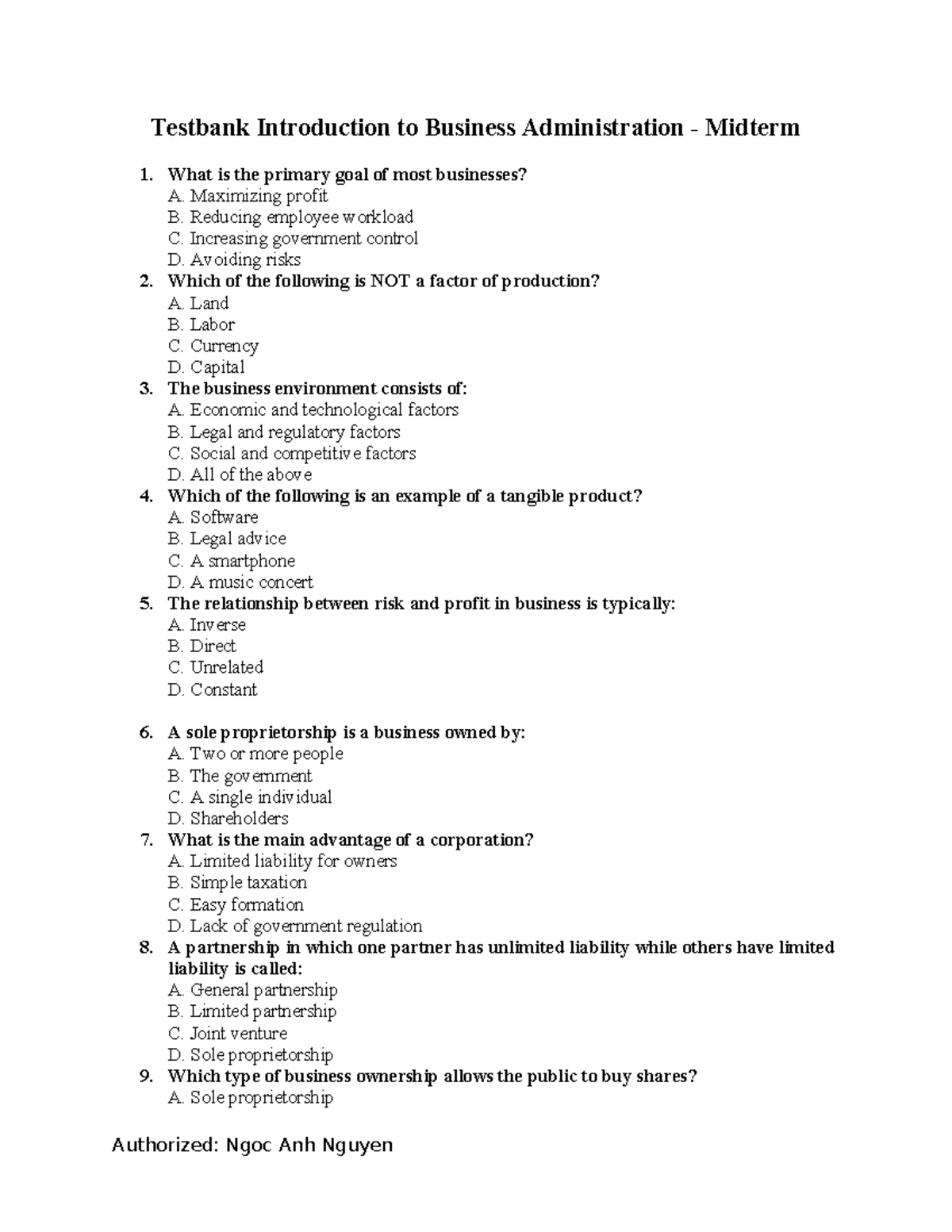 ITBA 101 - Testbank for Introduction to Business Administration Midterm - Document Preview