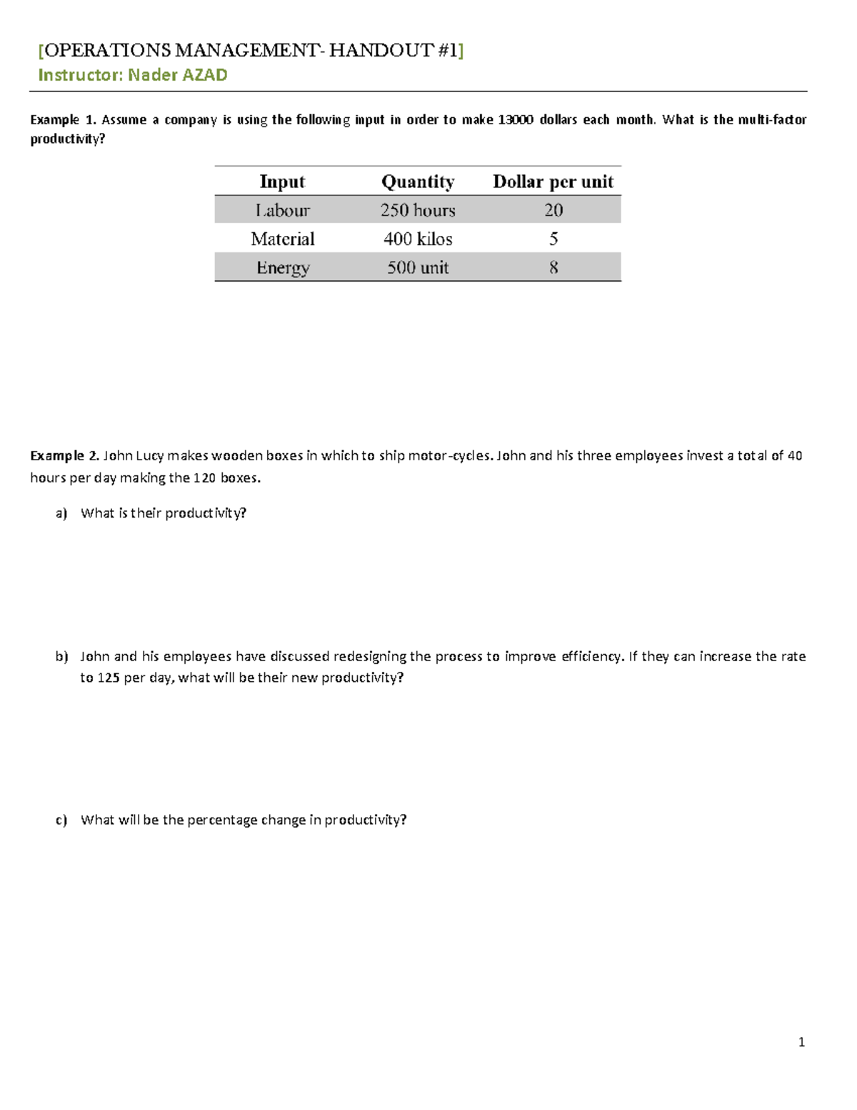 Operations Management Handout #1 - Week 1 Examples and Exercises - Studocu