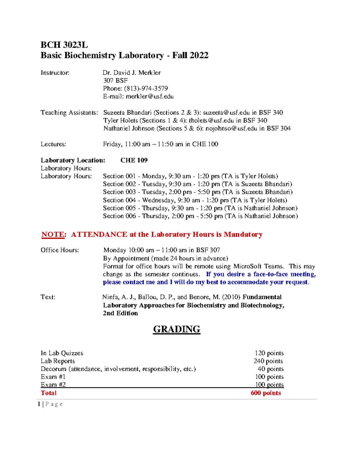 BCH3023L Fall 2022 Basic Biochemistry Lab Syllabus & Guidelines - Studocu