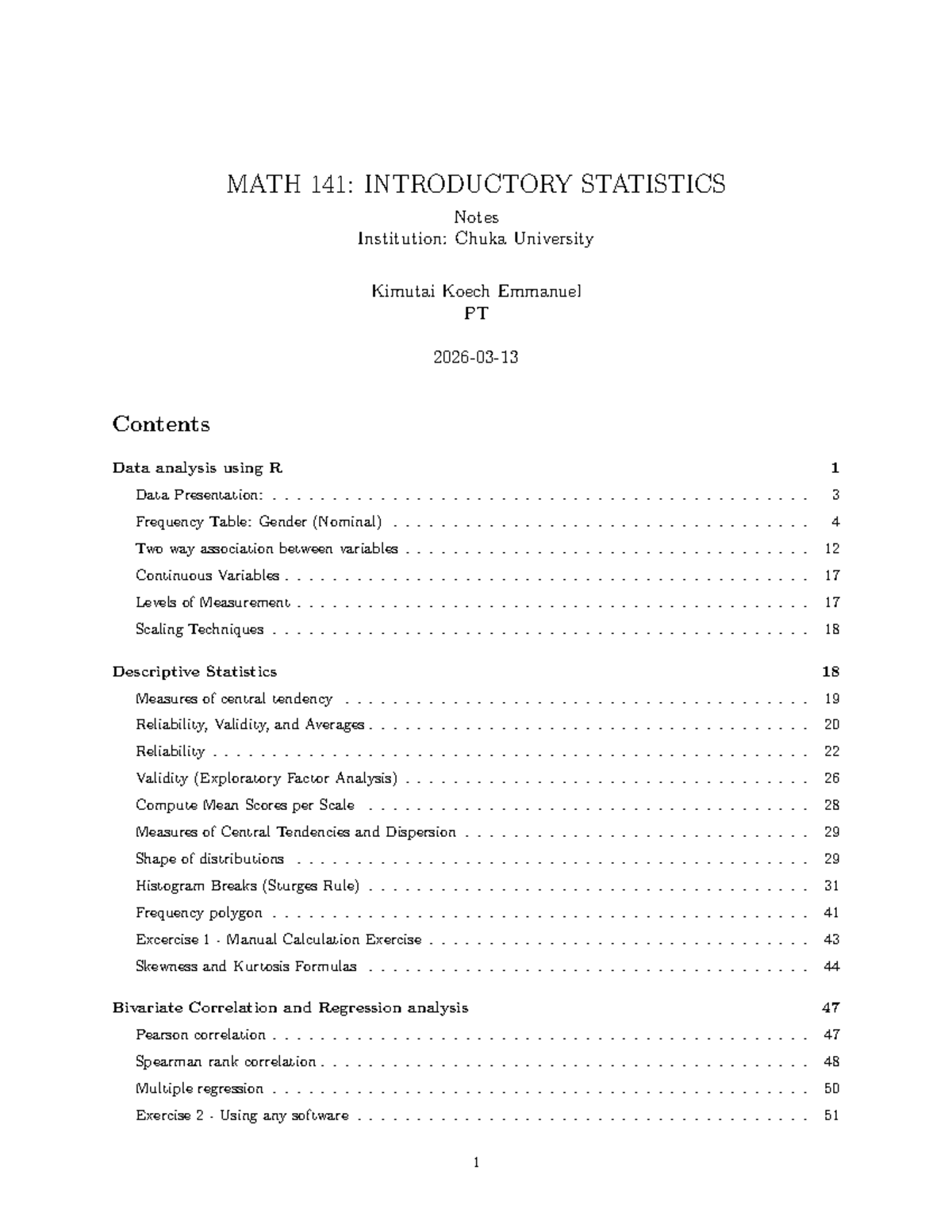 MATH 141: Introductory Statistics - Comprehensive Notes on Data ...