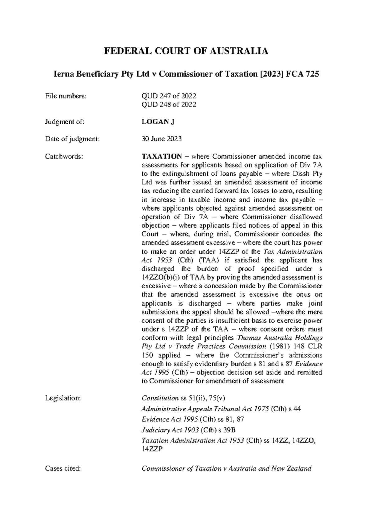 Case 95175 - case summary explain fortuna injunction - FEDERAL COURT OF ...