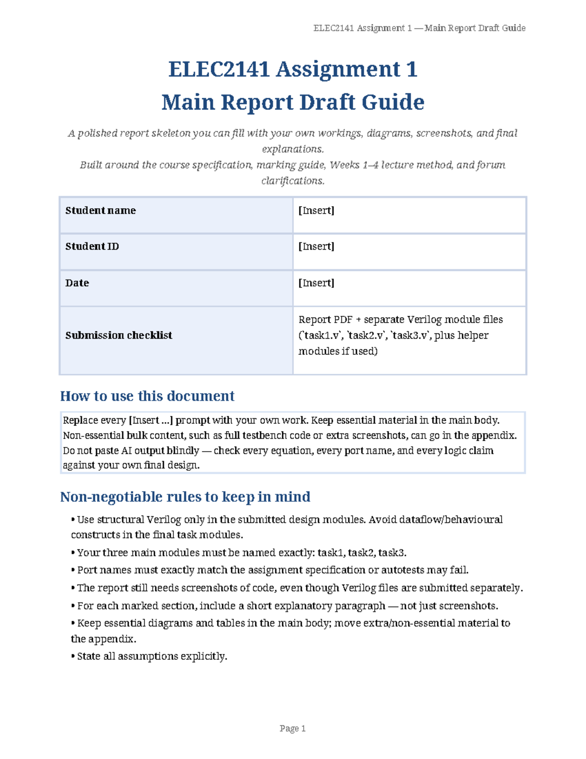 ELEC2141 Assignment 1 Report Draft Guide: Structure & Tips - Studocu