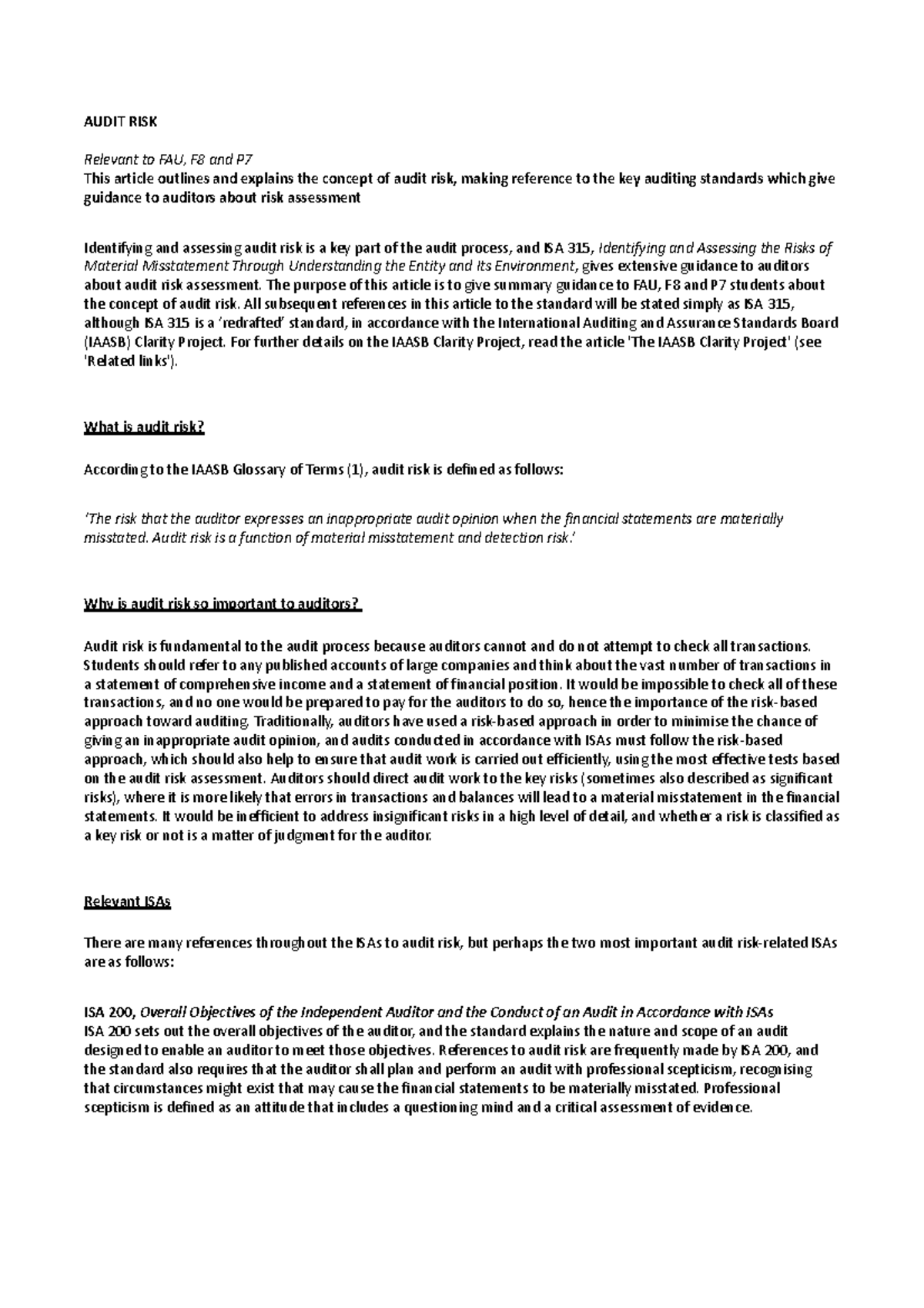 Audit Risk Overview and Entity Understanding for FAU, F8 & P7 Students ...