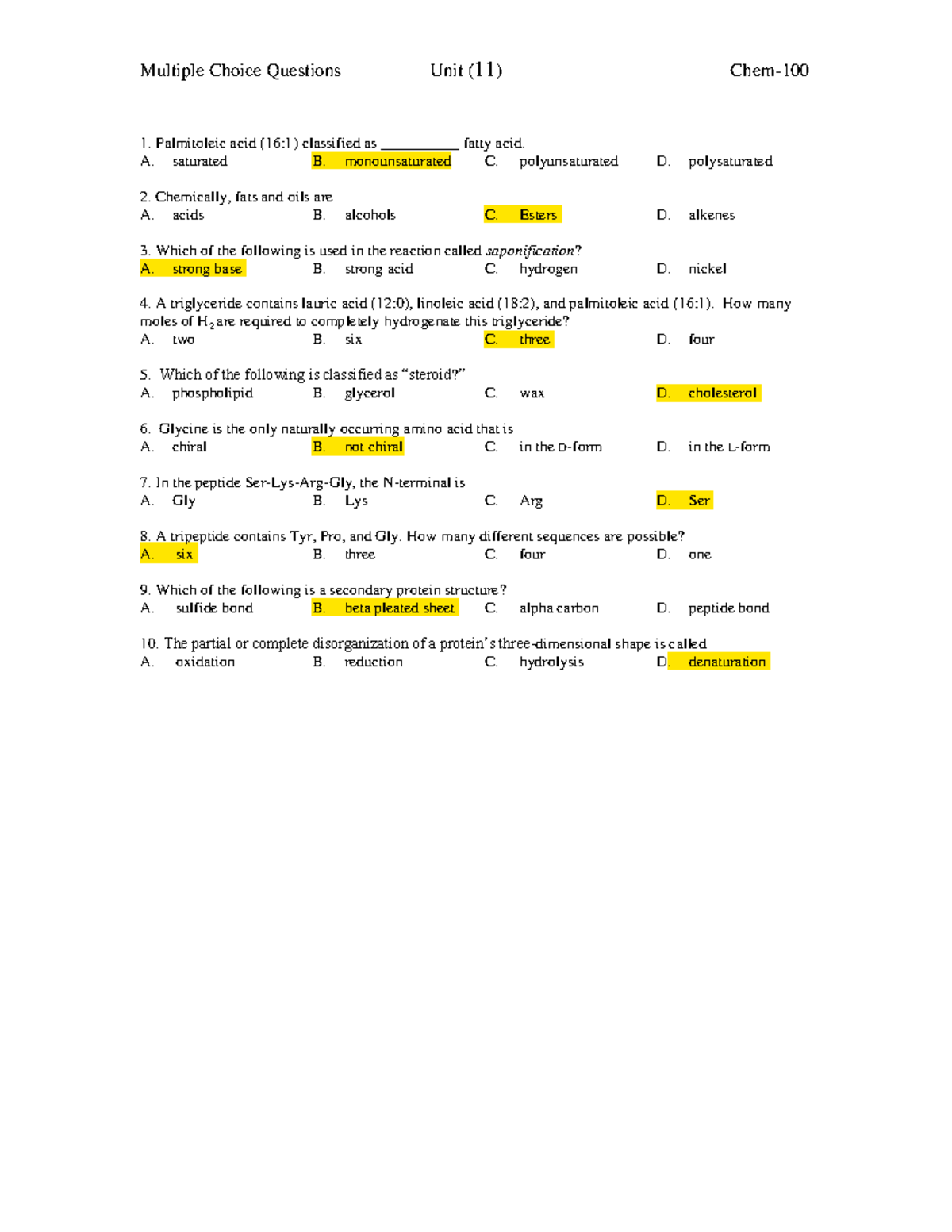 Chem-11 Lipid MC - Coursework Group Project Questions and Answers - Studocu