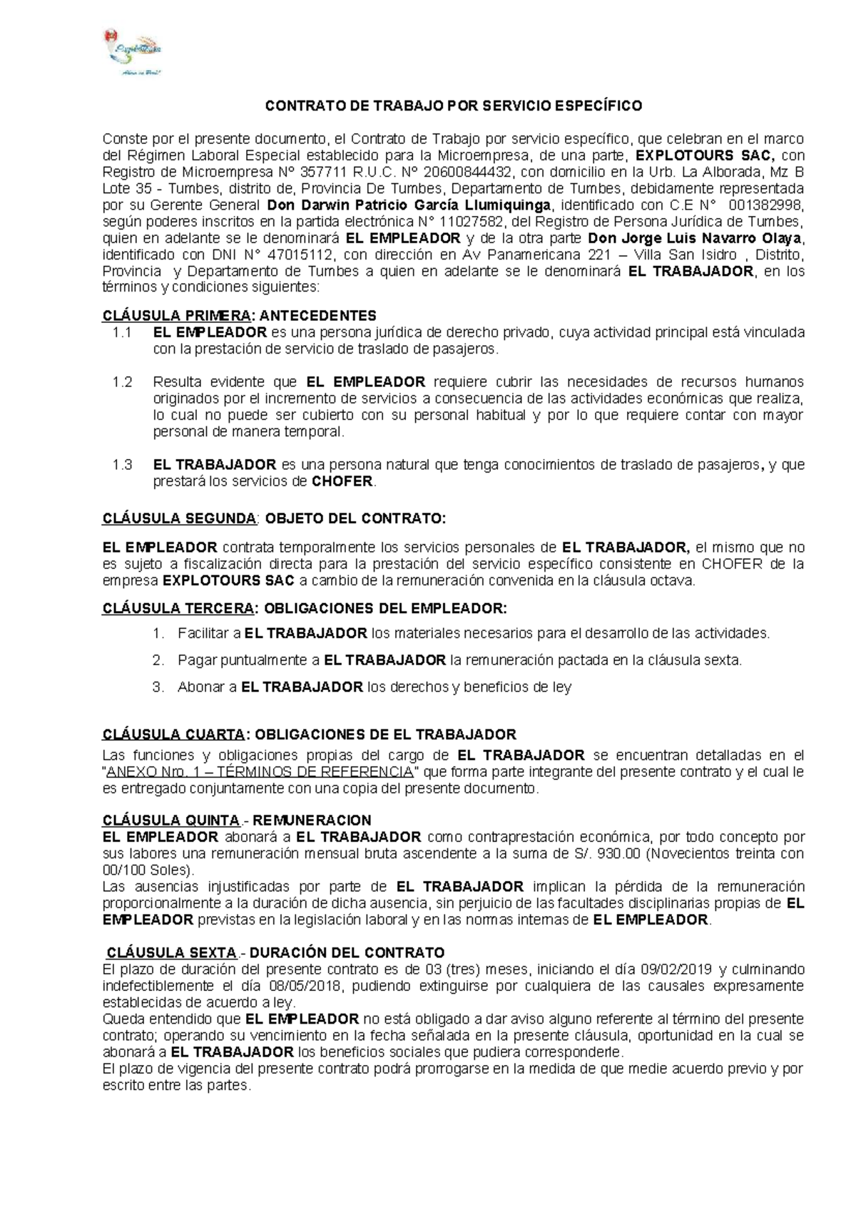 Contrato de Trabajo por Servicio Específico para Chofer - EXPLOTOURS SAC - Document Preview