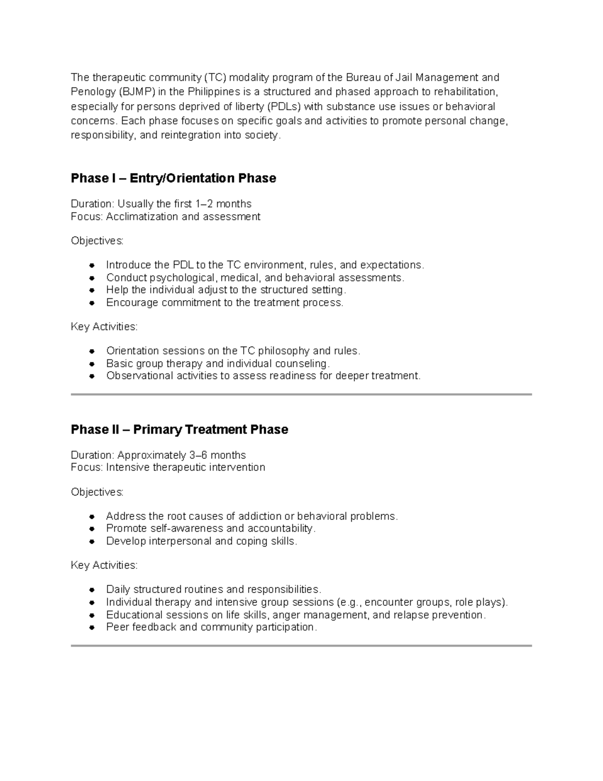 BJMP TC Program Activity Notes: Phased Rehabilitation Approach - Studocu