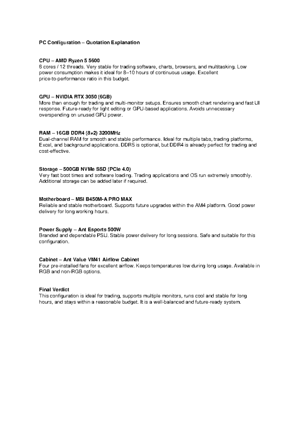 PC Configuration Quotation for Trading: AMD Ryzen 5 & NVIDIA RTX 3050 ...