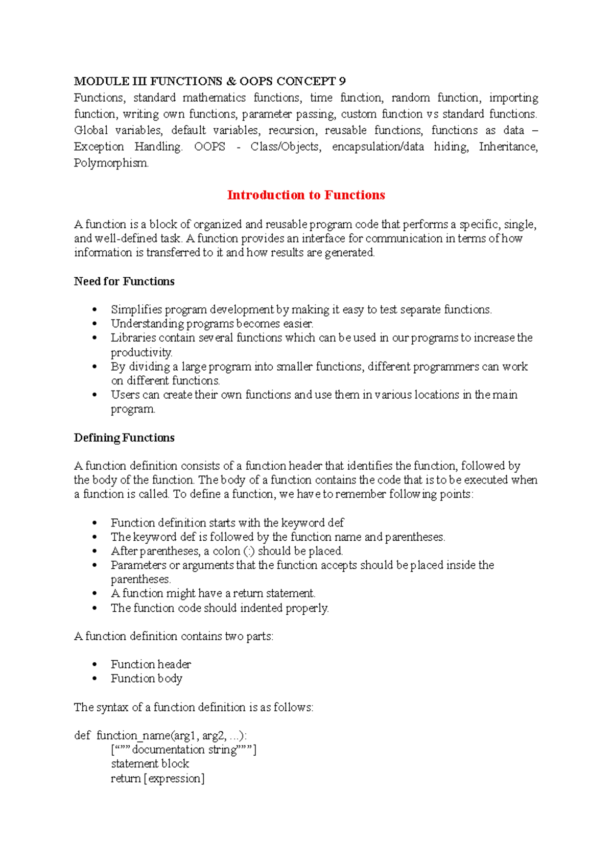 Module III Functions - Python Notes (OOP Concepts) - Studocu