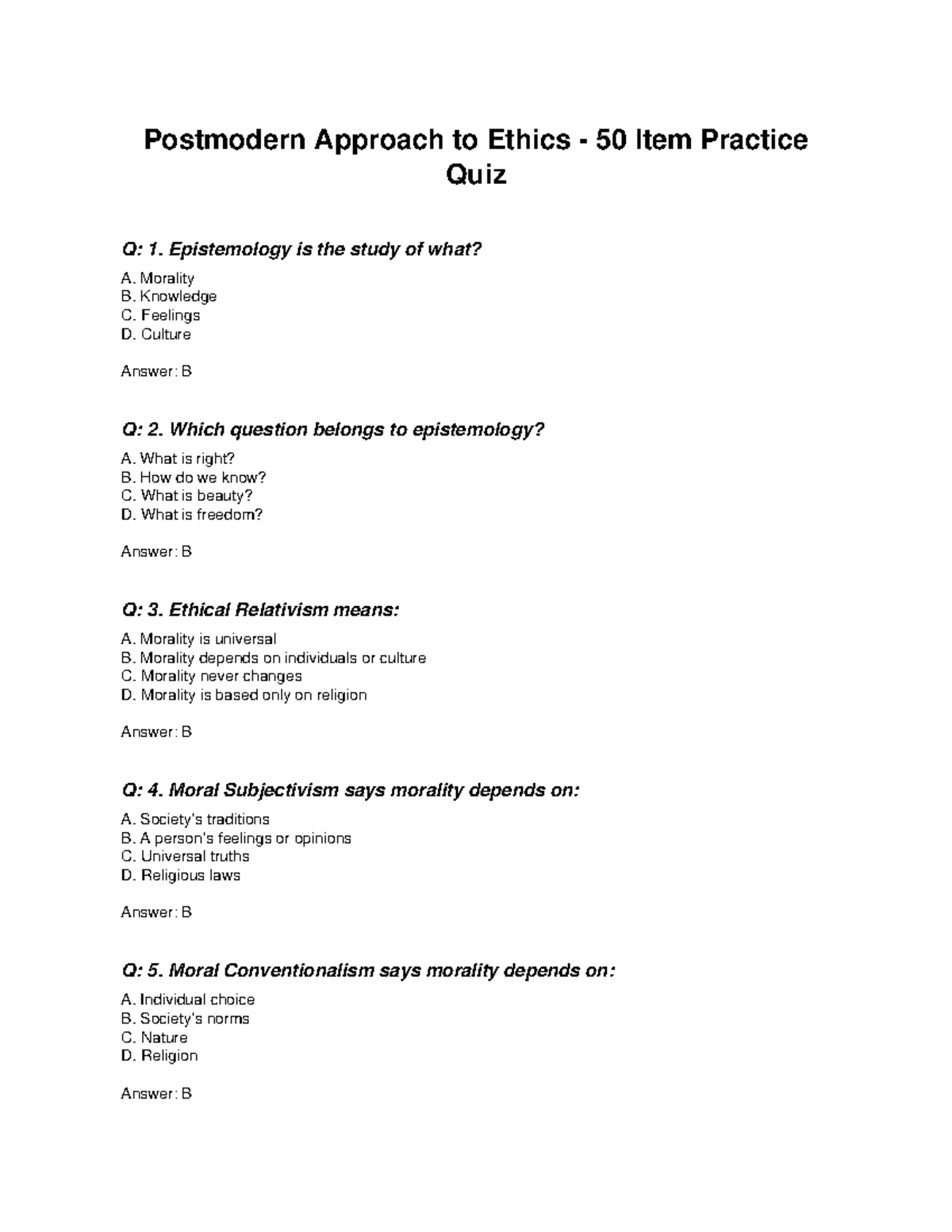 Postmodern Ethics 50-Item Practice Quiz - Studocu