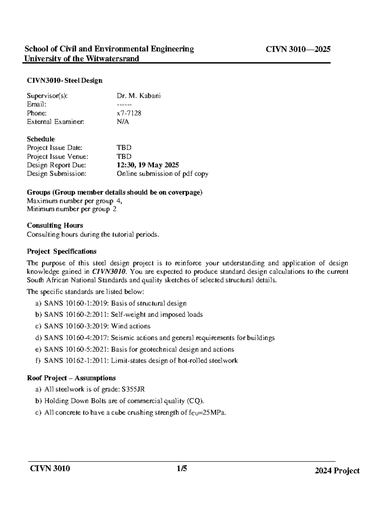 CIVN3010 2025 Steel Design Project Brief and Requirements - Studocu