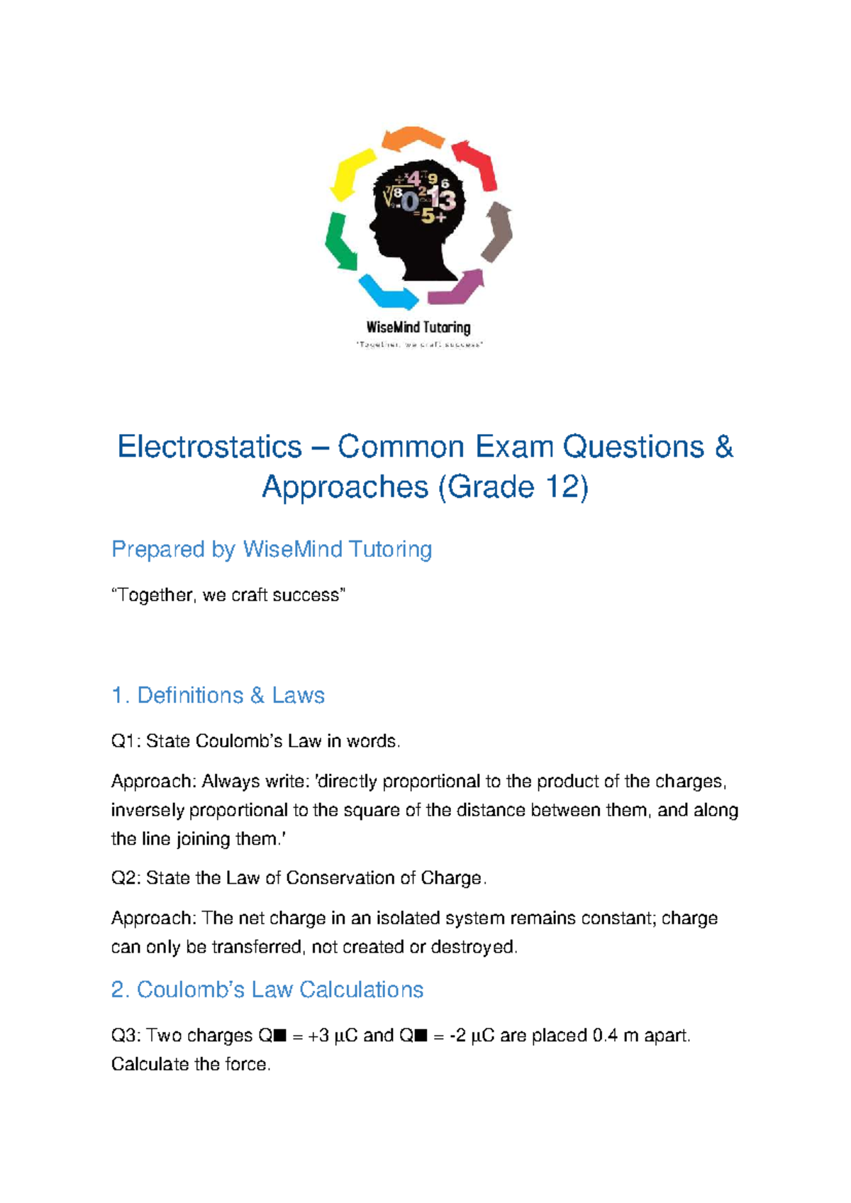 Electrostatics Common Exam Questions (Grade 12) - Final Review - Studocu