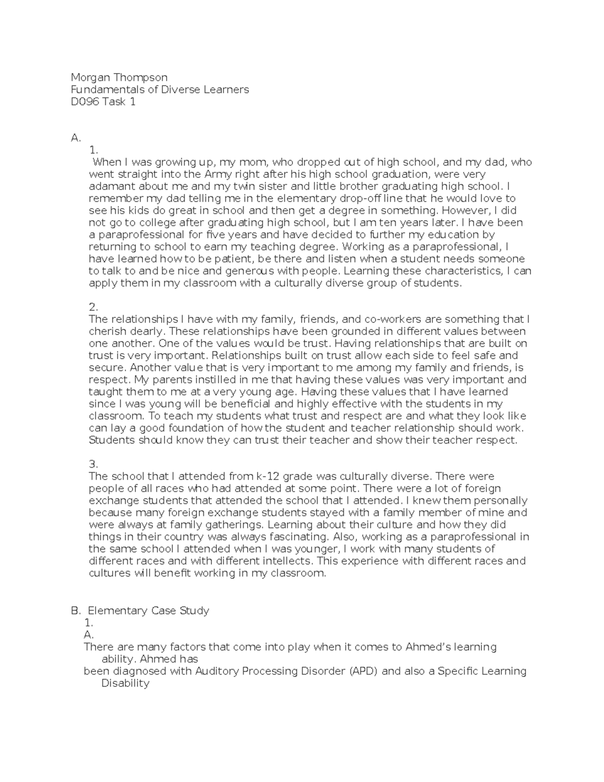 Task 1 Fundamentals of Diverse Learners - Morgan Thompson Fundamentals ...