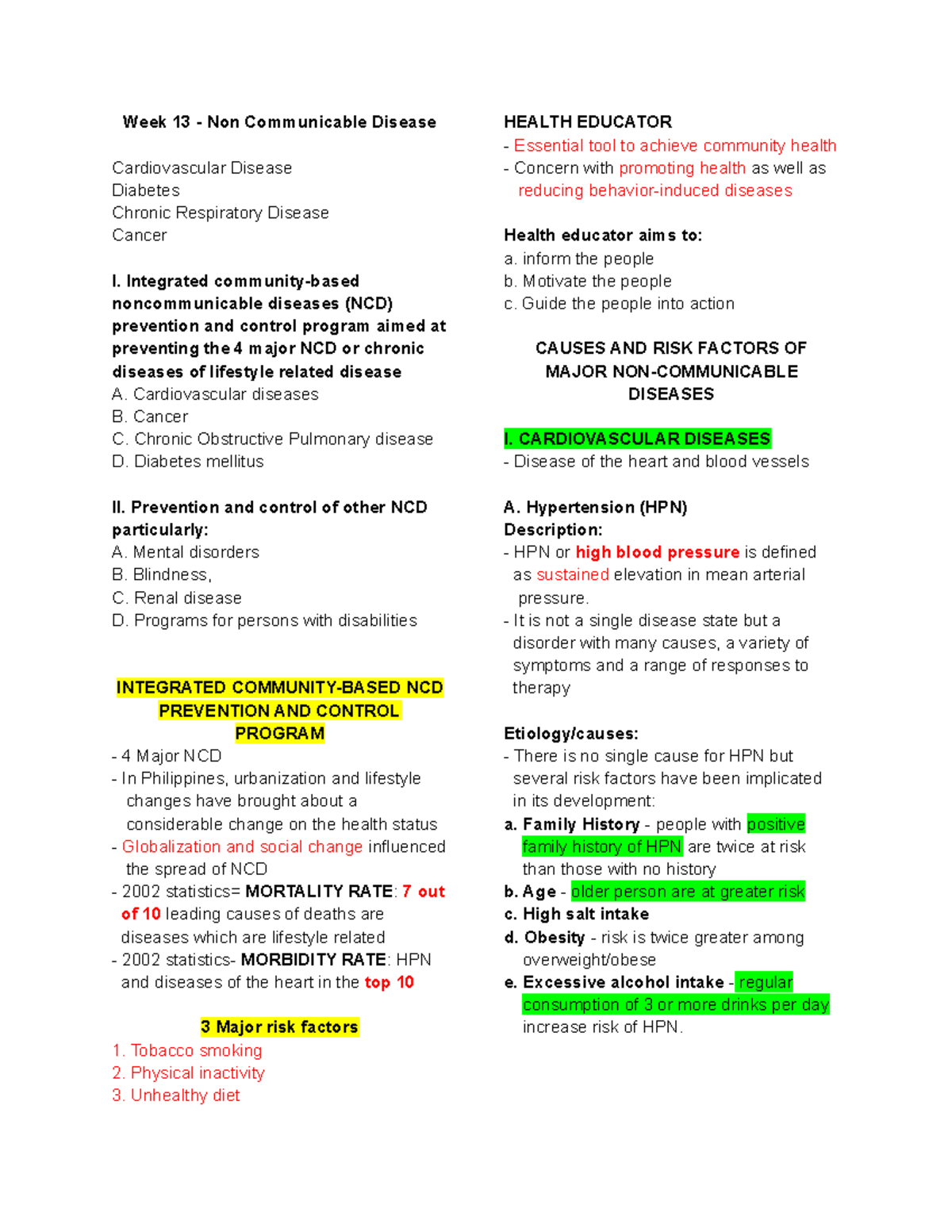 CPH M Finals reviewer 1 - Week 13 - Non Communicable Disease ...