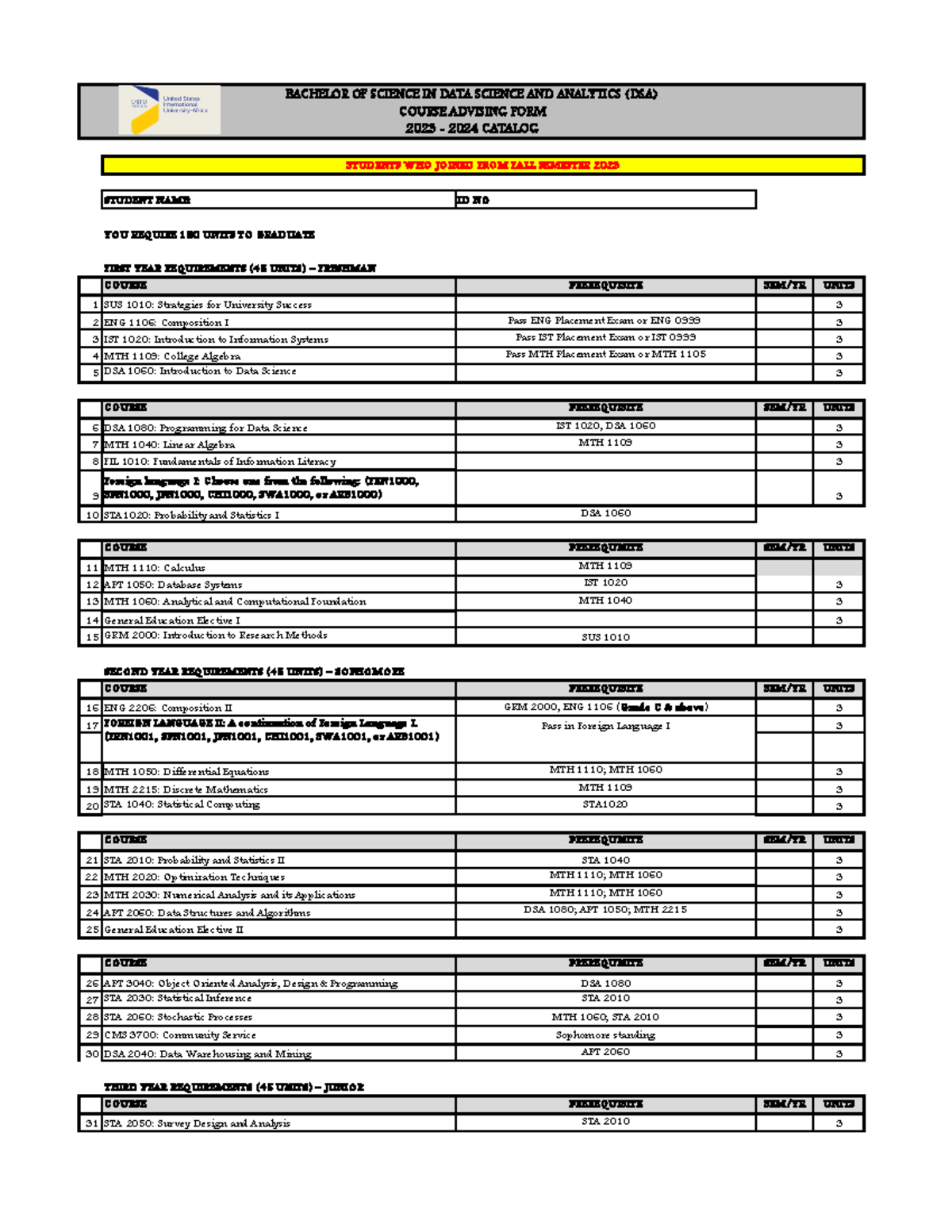 BSc DSA 2023-2024 Course Advising Form - Updated Requirements - Studocu