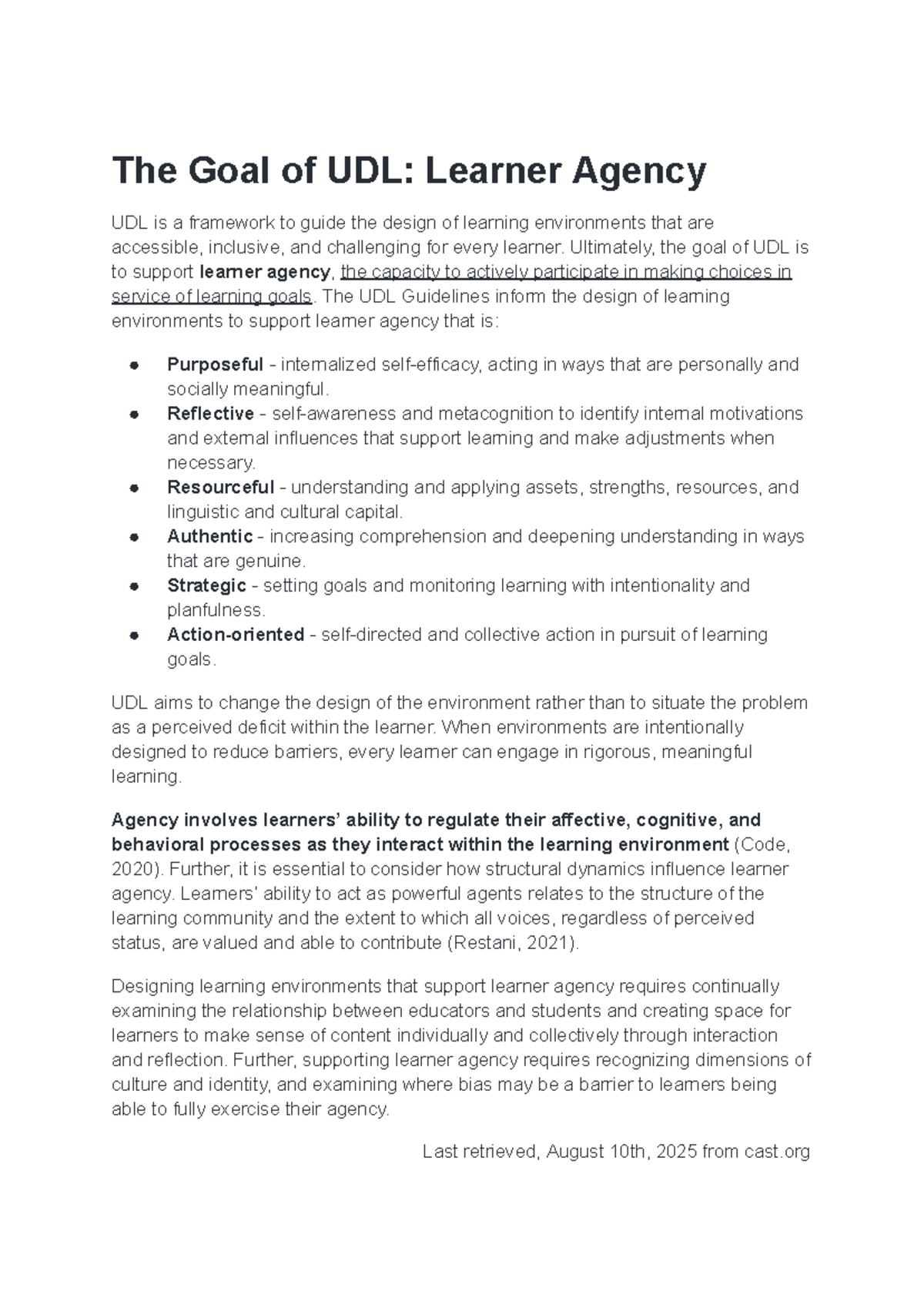 The Goal of UDL: Supporting Learner Agency in Education - Studocu