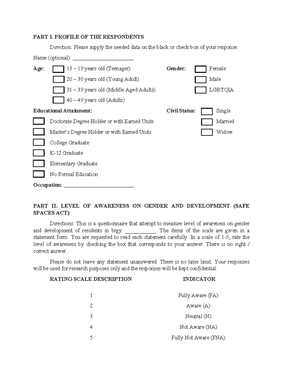 Questionnaire on Gender Awareness and Development (GAD) - Studocu