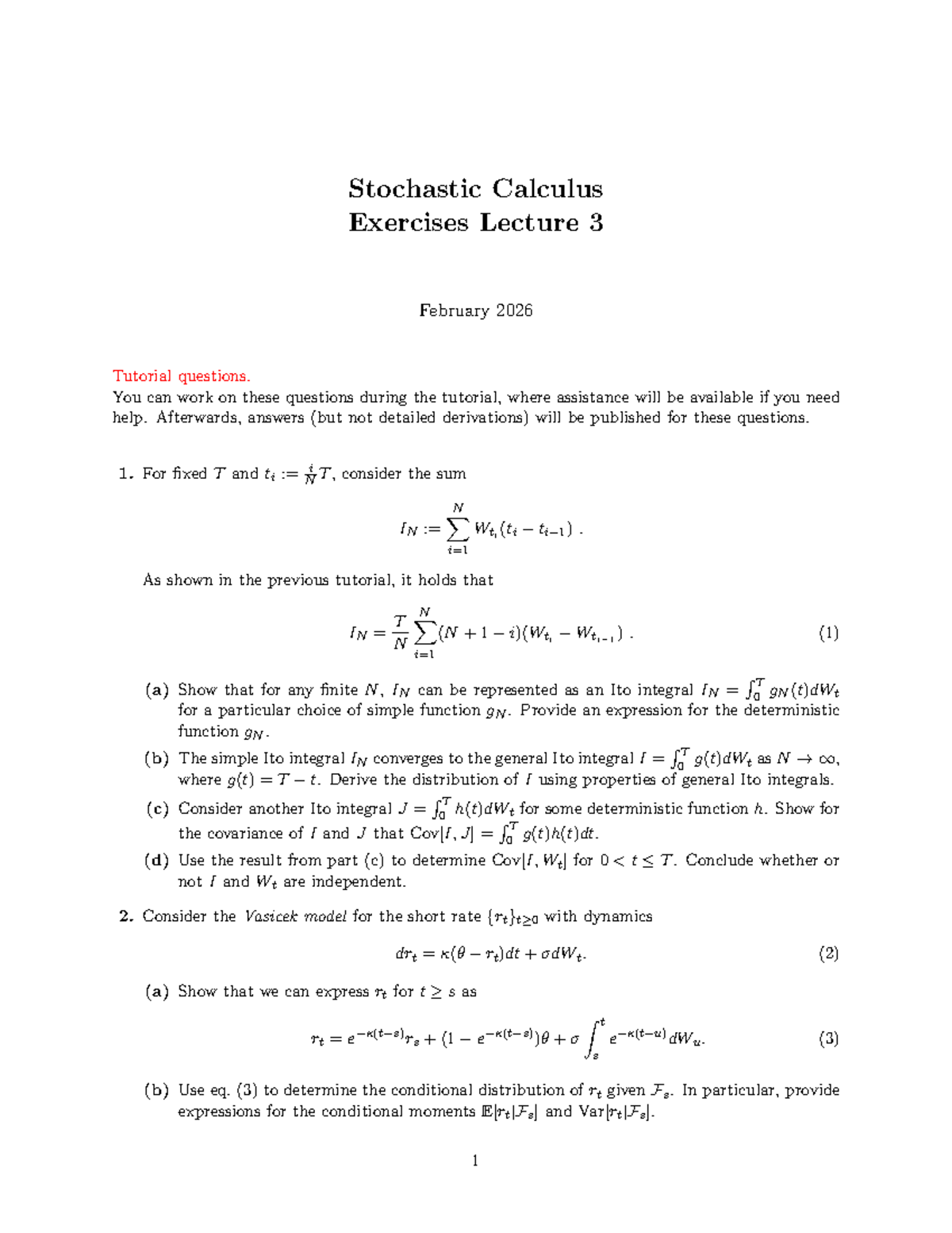 SC2026 Stochastic Calculus Exercises Lecture 3 Tutorial Questions ...