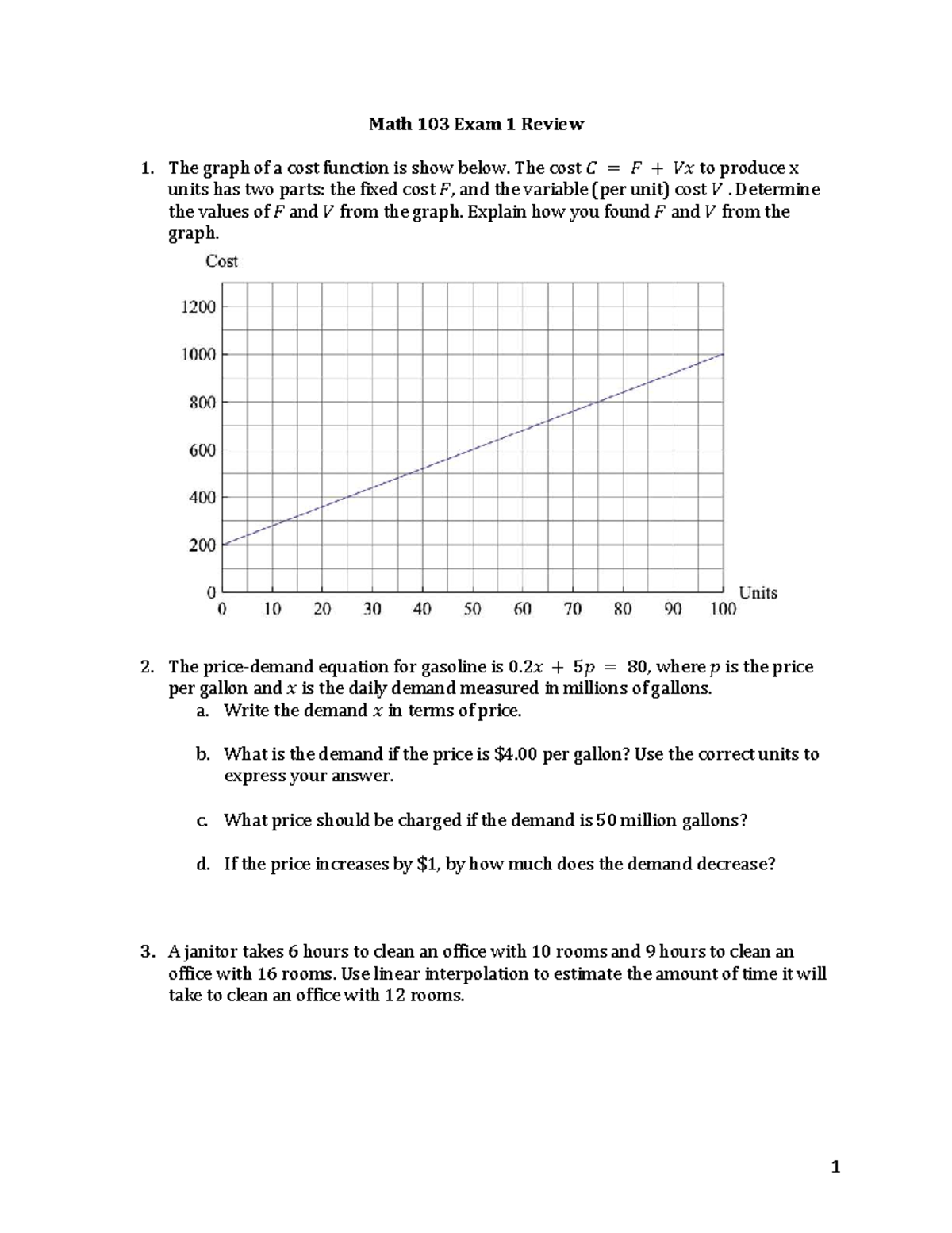 Math 103 Exam 1 Review: Cost & Revenue Analysis Questions - Studocu