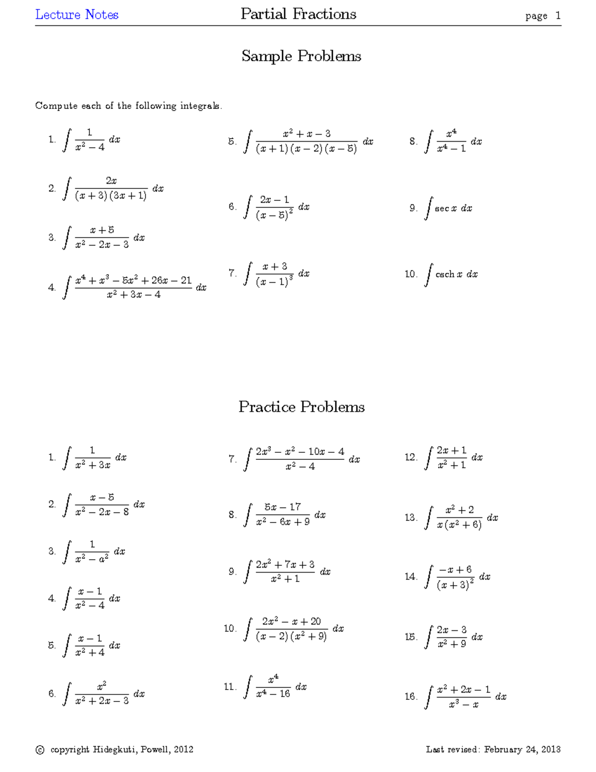Partial Fractions Lecture Notes (MATH 101) - Sample Problems ...