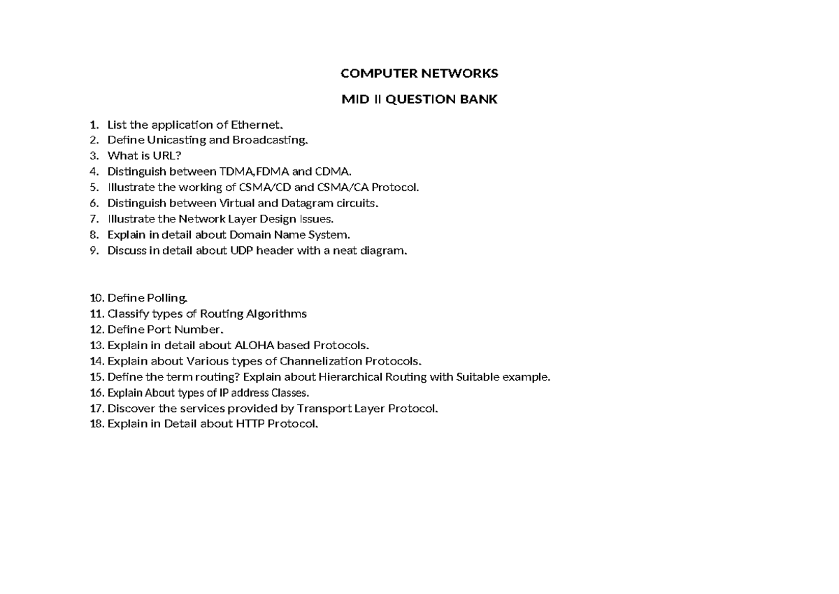COMPUTER NETWORKS MID II QUESTION BANK - III I - Studocu