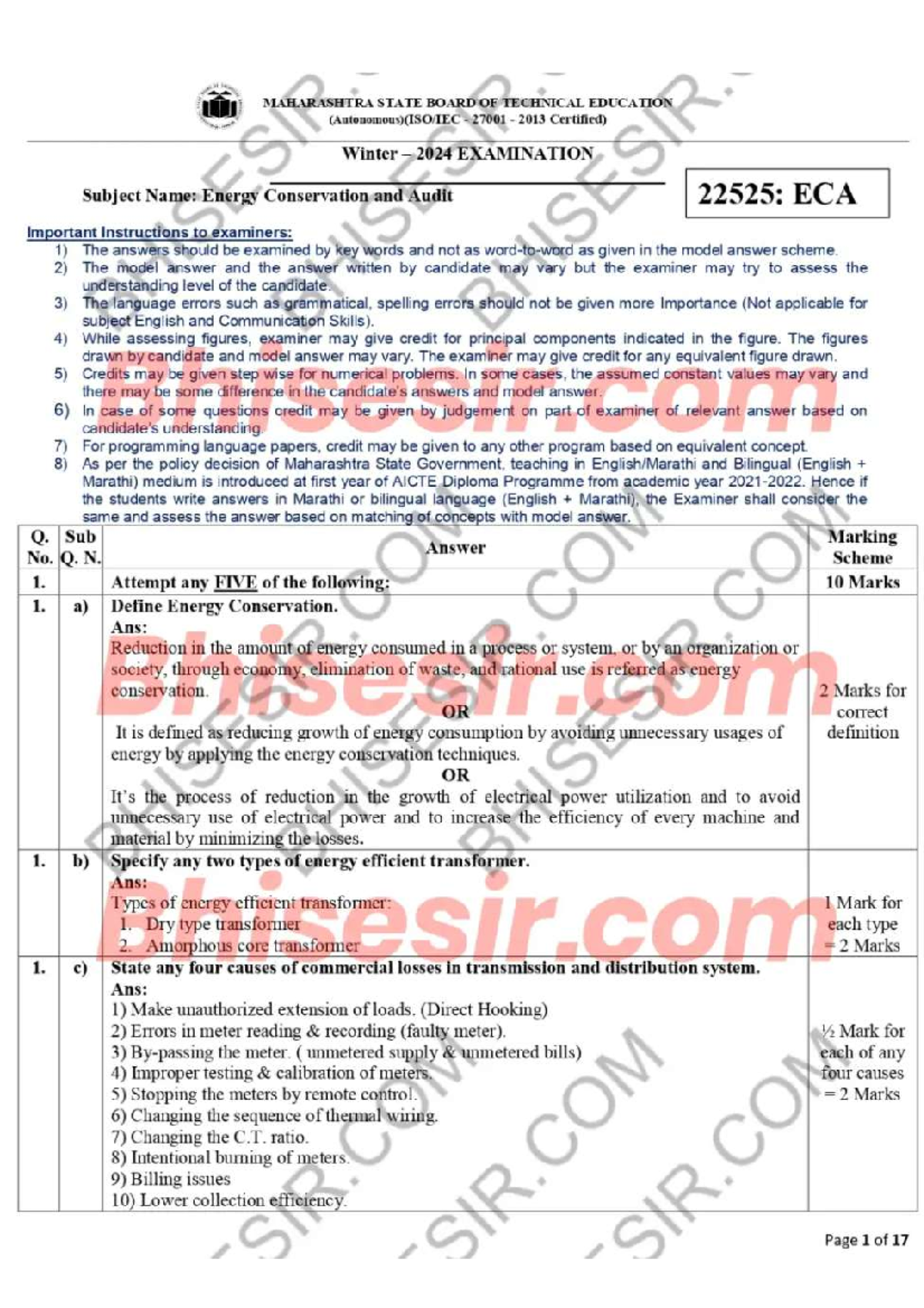 Energy Conservation and Audit Exam Model Answers - 22525 W24 - Studocu