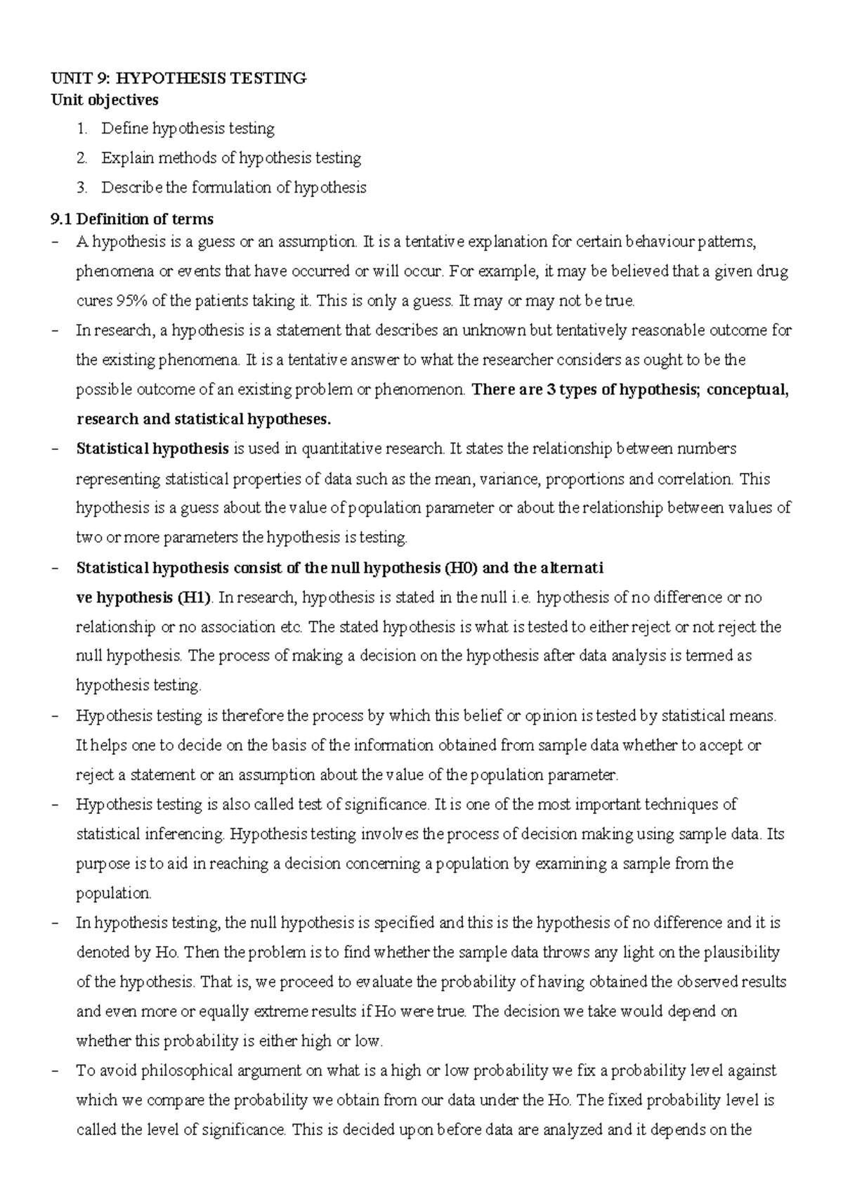 Biostats Notes: UNIT 9 - Hypothesis Testing and Statistical Tests - Studocu