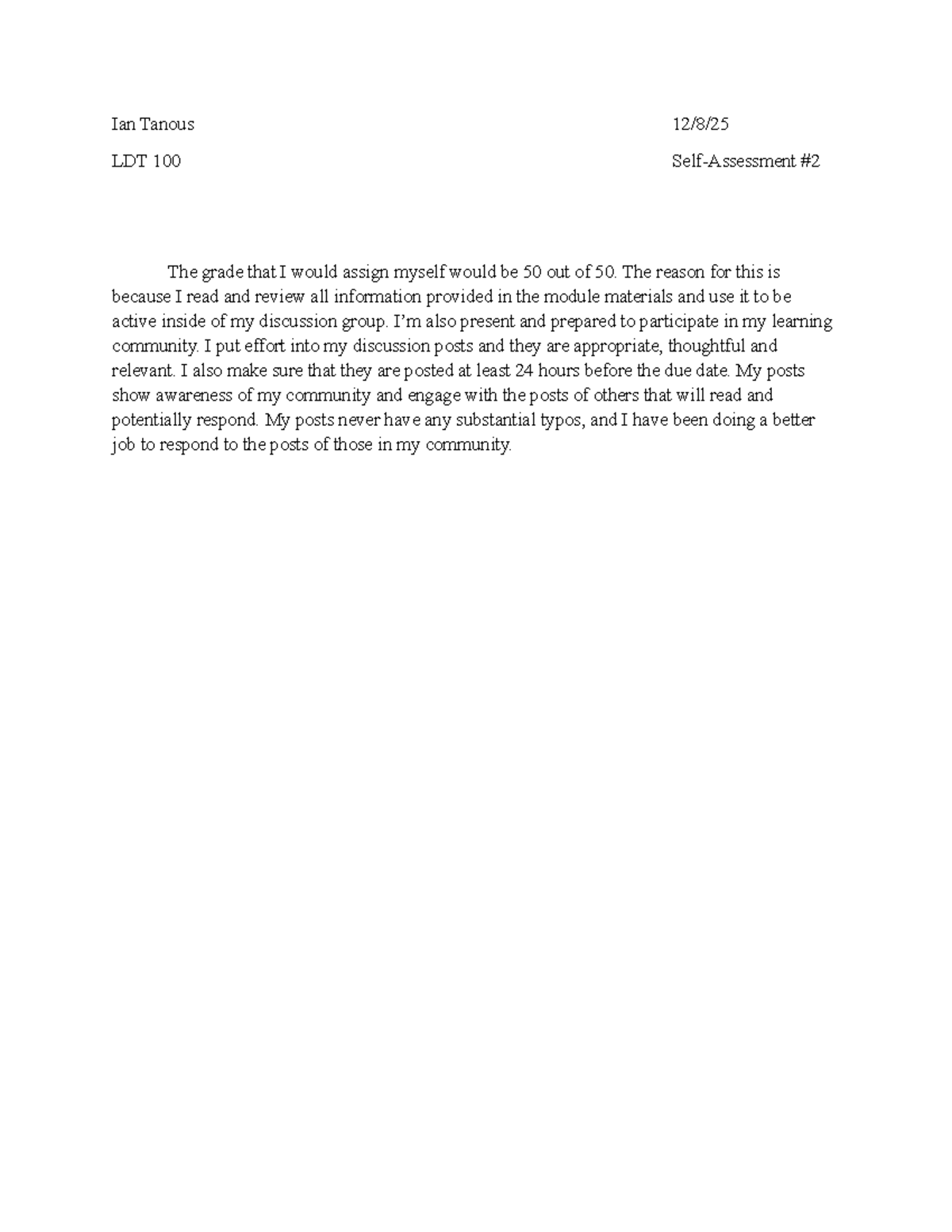 Self-Assessment 2: LDT 100 Reflection on Participation and Effort - Studocu