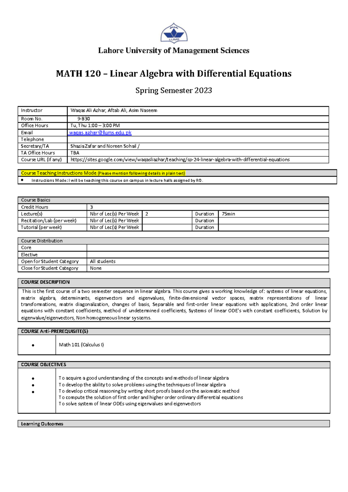 MATH 120 - Course Outline for Linear Algebra & Differential Equations ...