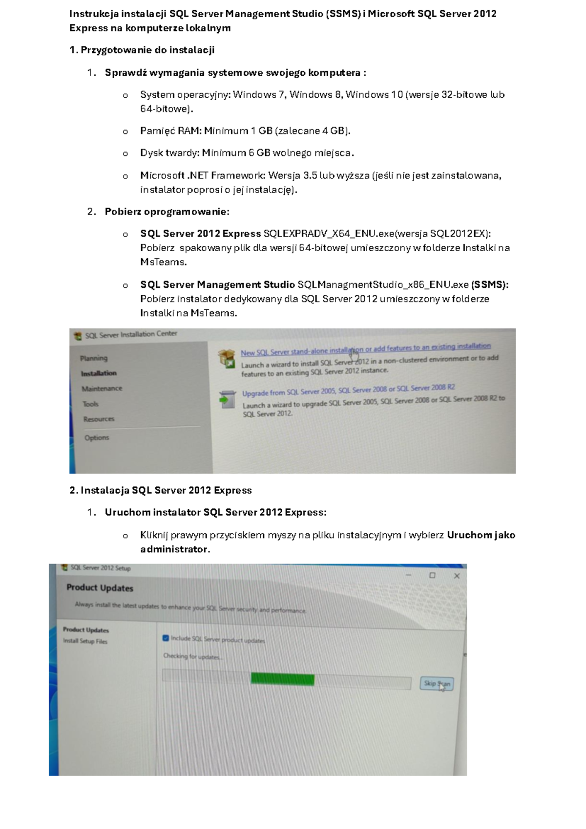 Instrukcja instalacji SQL Server 2012 Express i SSMS na Windows - Studocu