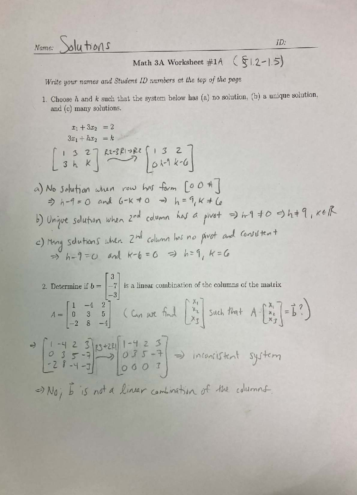 3A Worksheet 1A Solutions - Name: Solutions ID: Math 3A Worksheet ...