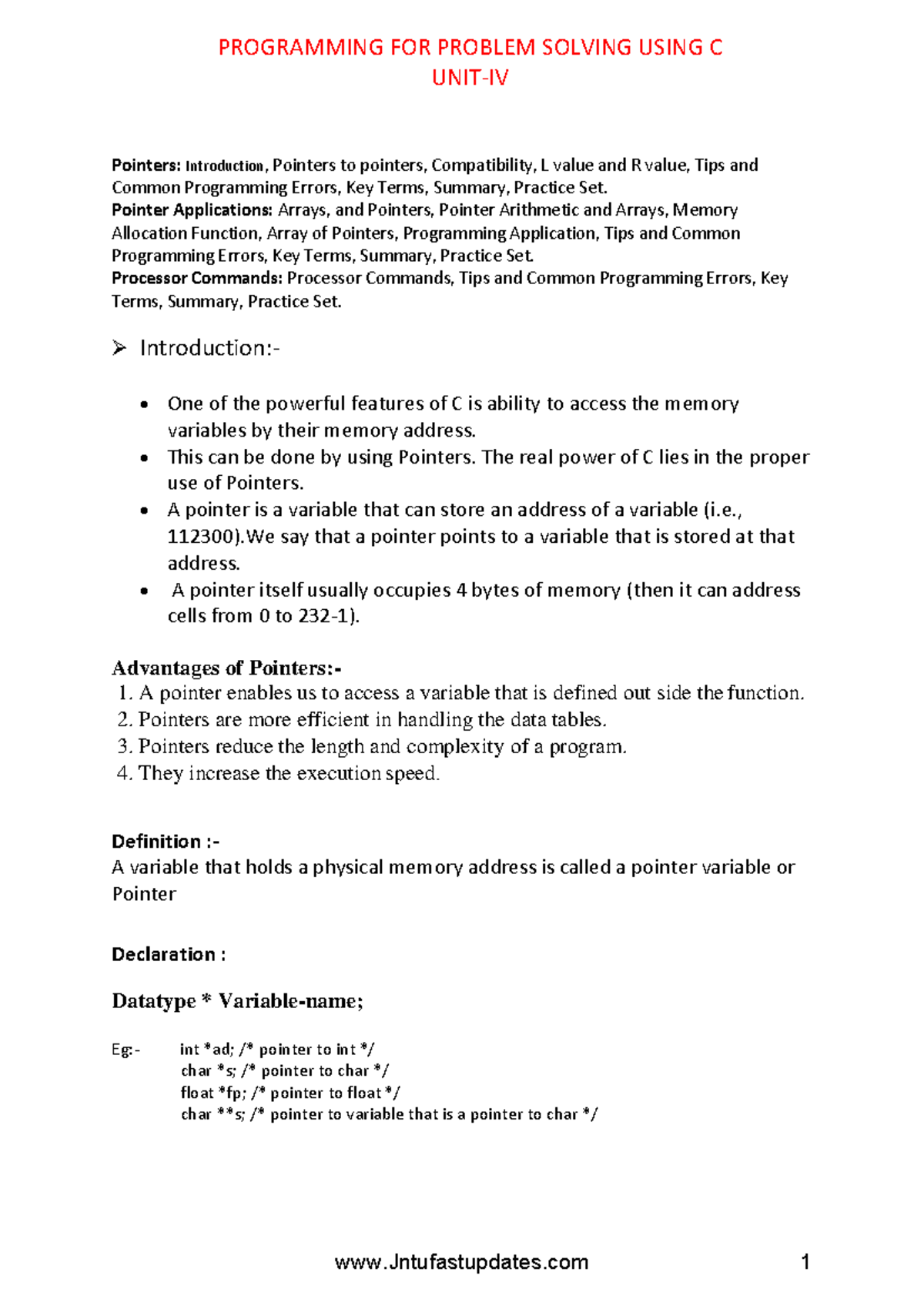 PPS Using C R20 -UNIT-4 - Pointers: Introduction, Pointers to pointers ...