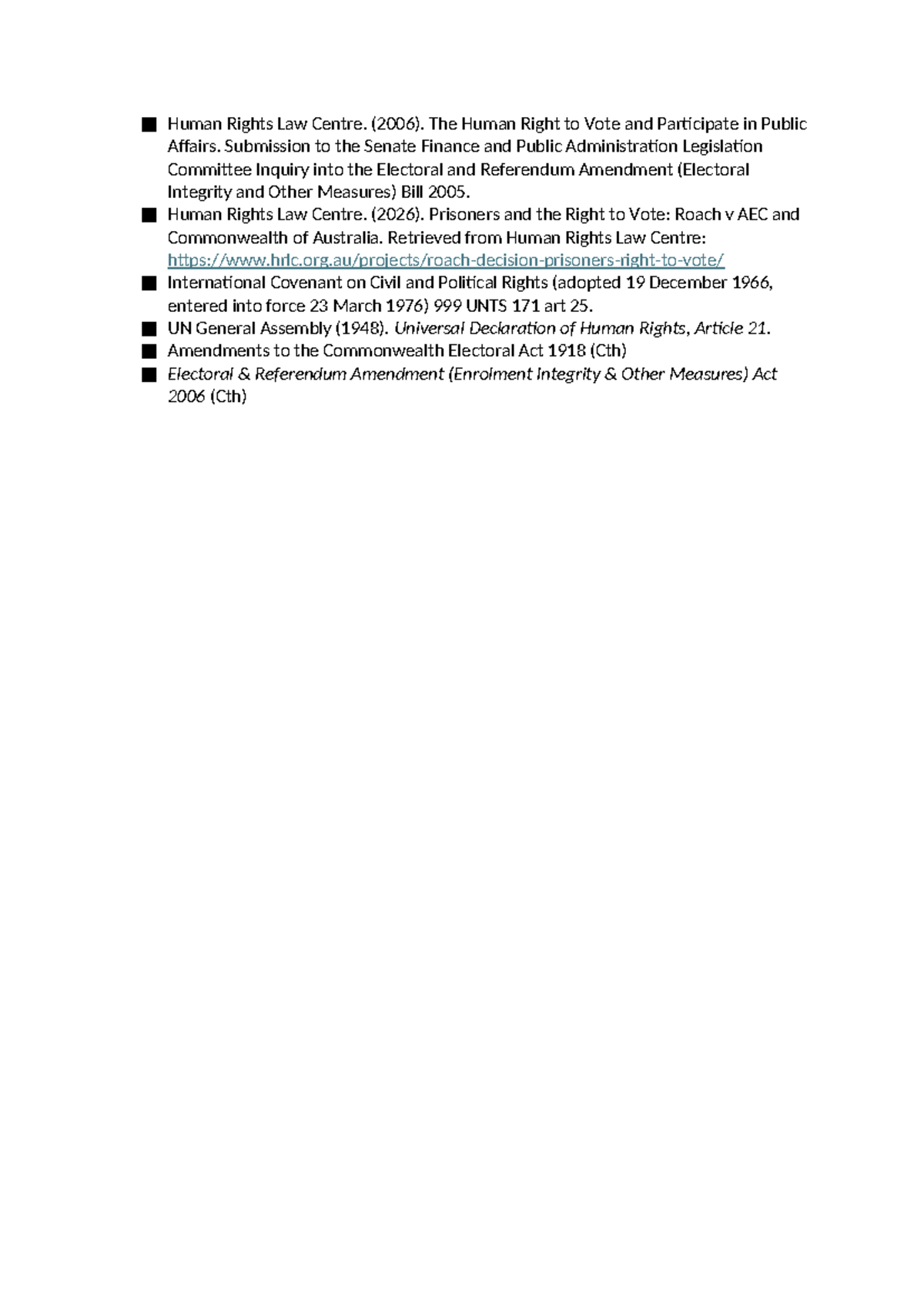 Human Rights Law References: Voting Rights & Legislation - Studocu