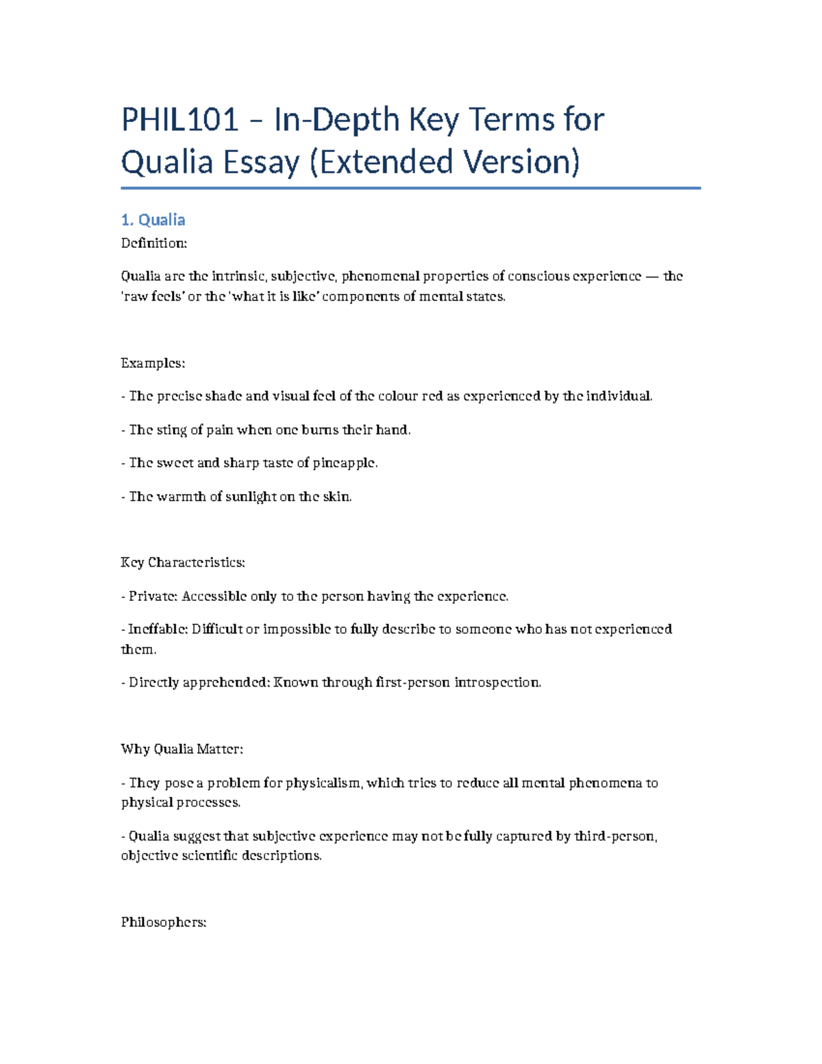PHIL101 Extended Key Terms for Qualia Essay Analysis - Studocu