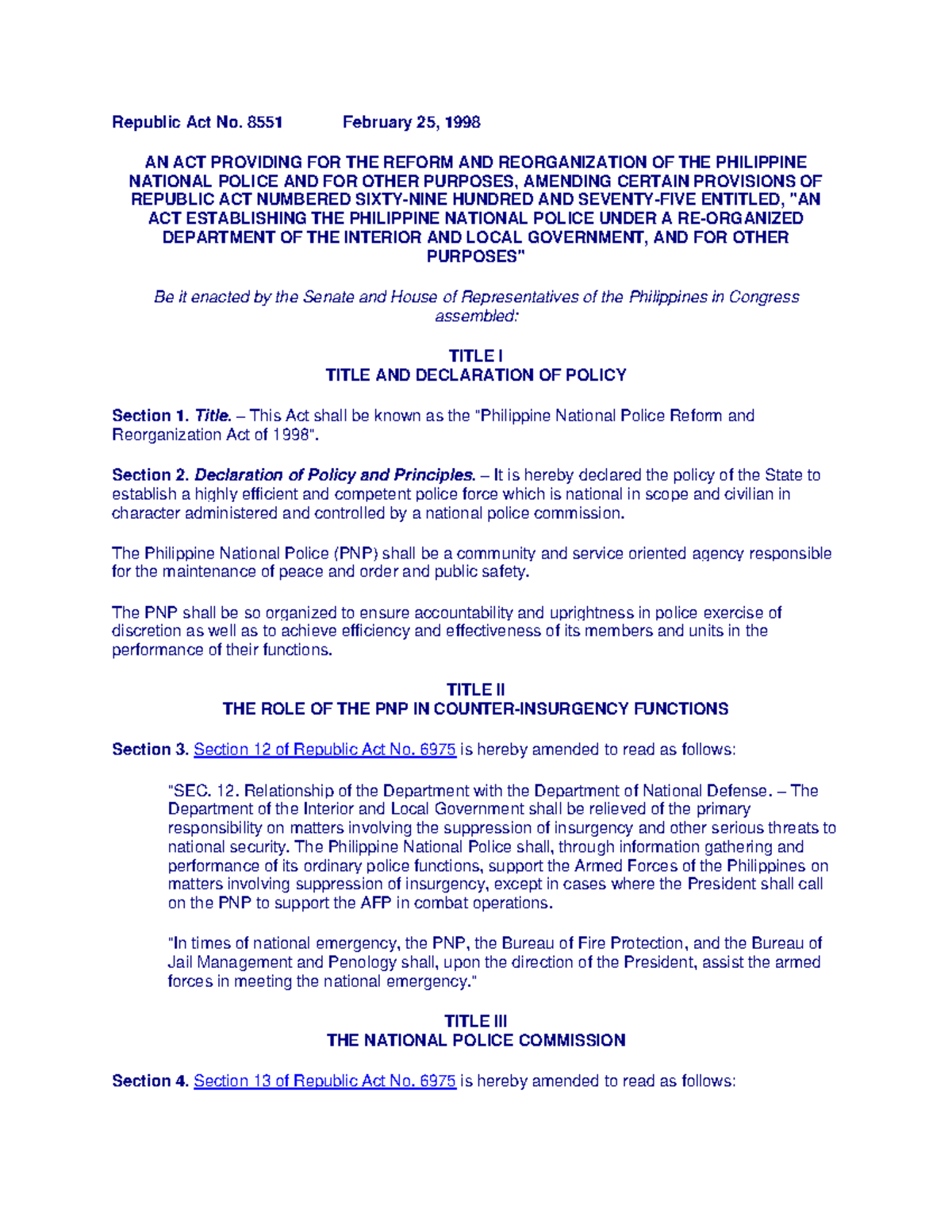 Philippine National Police Reform Act of 1998 (RA 8551) Overview - Studocu