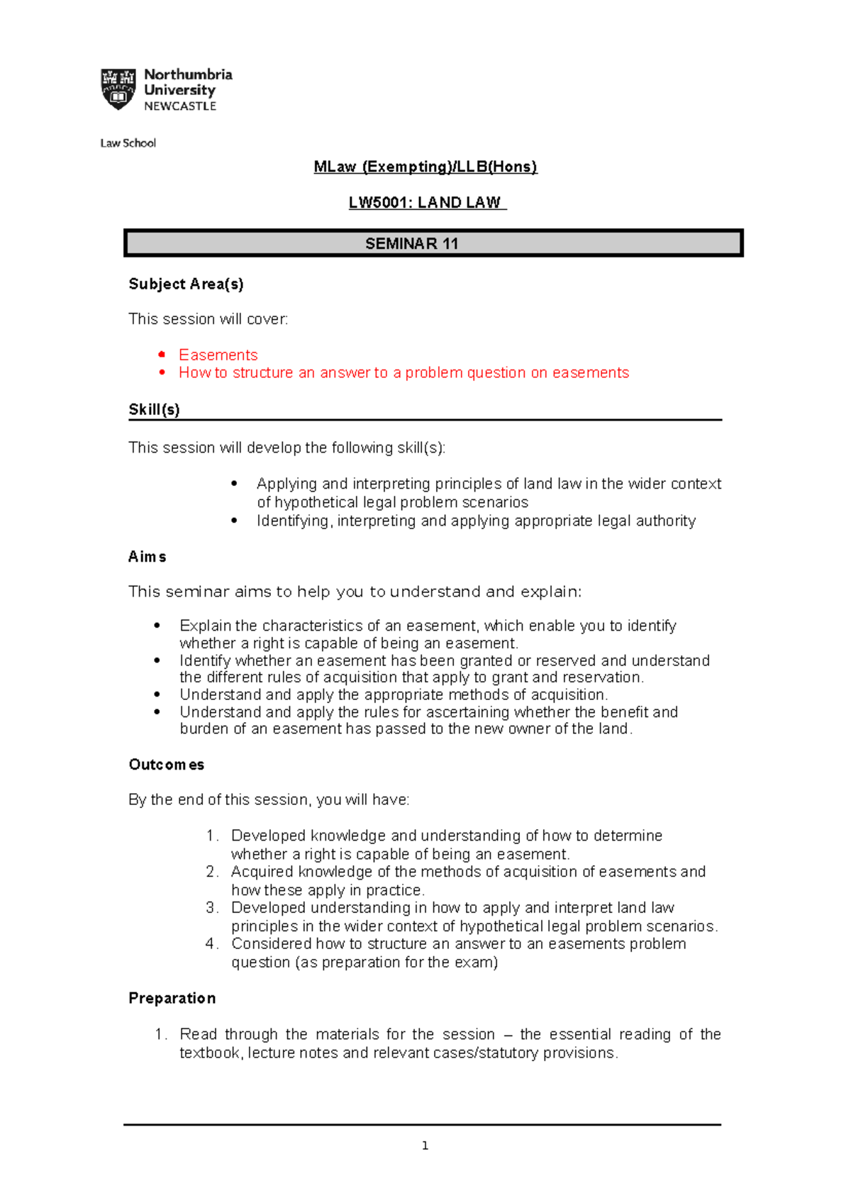 Easement seminar - MLaw (Exempting)/LLB(Hons) LW5001: LAND LAW SEMINAR ...