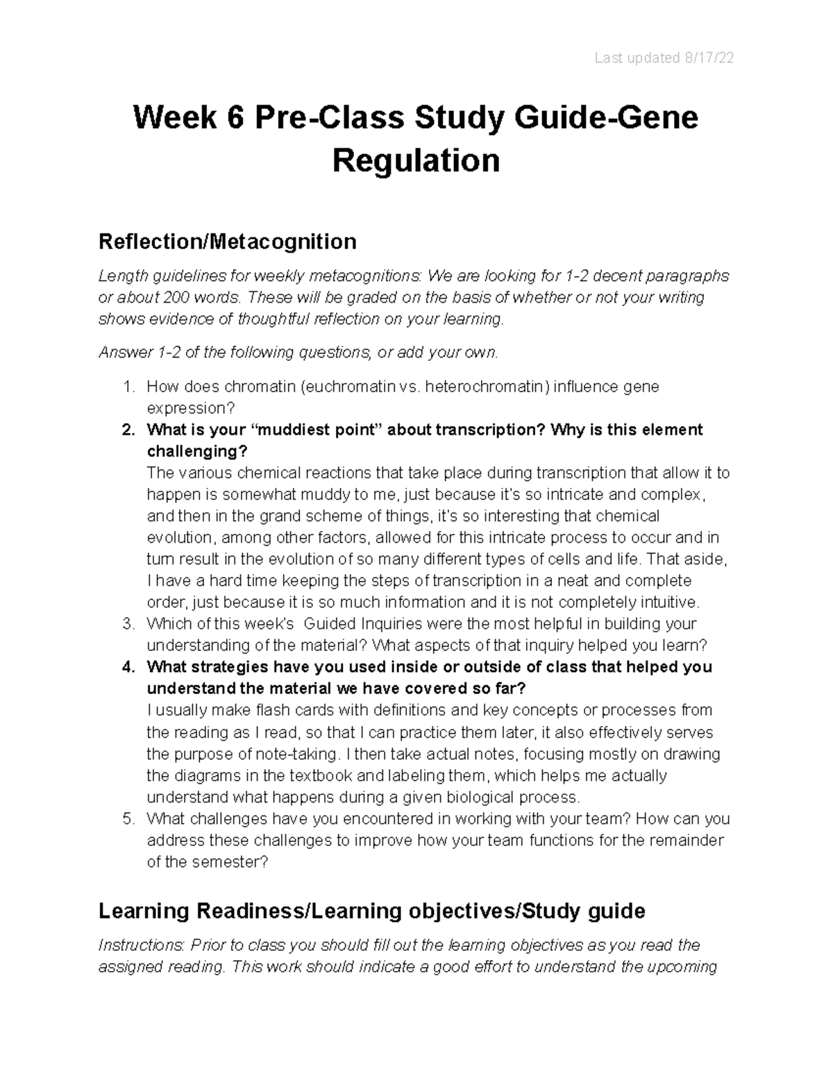 W6 Study Guide: Gene Regulation and Transcription Insights - Studocu